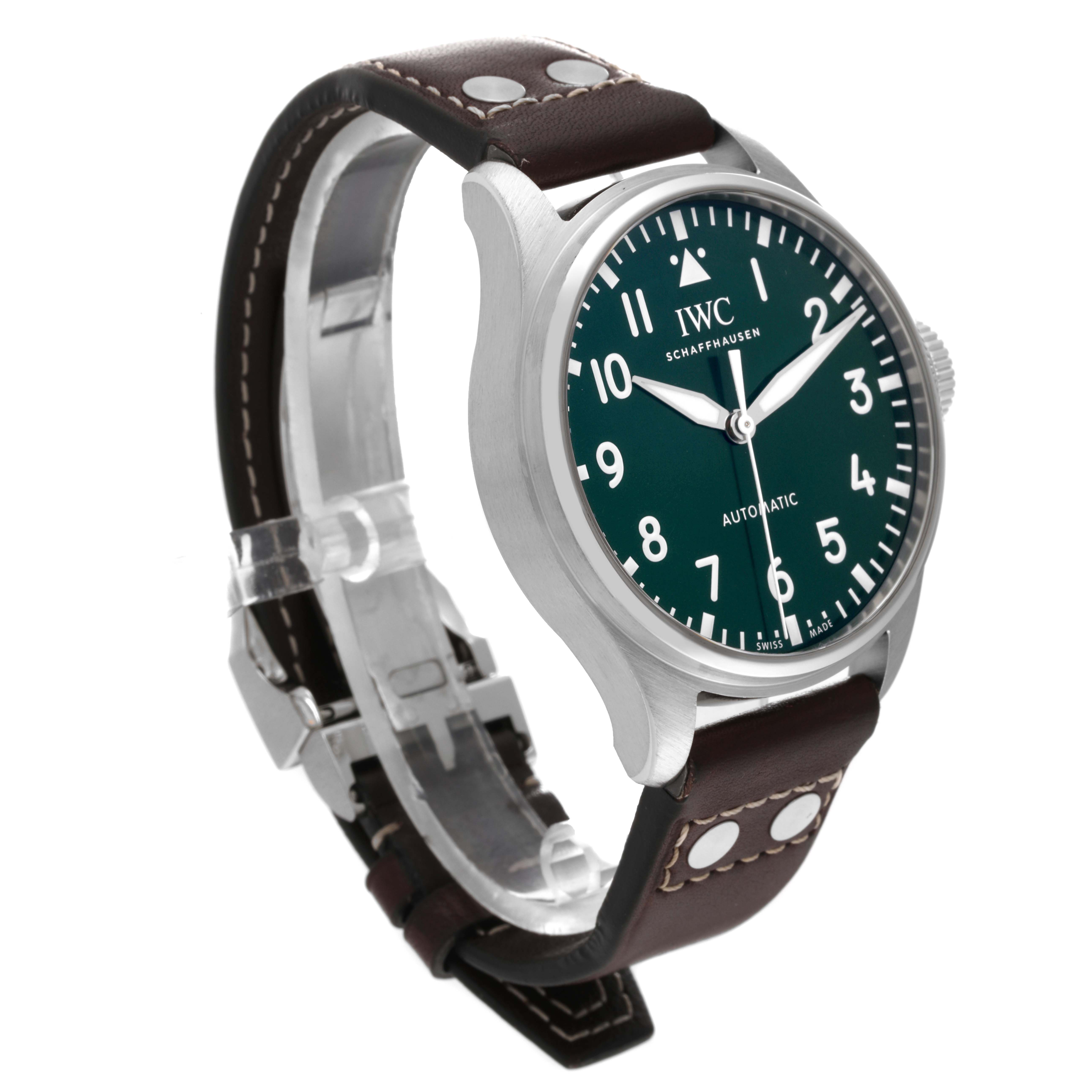 The IWC Pilot IW329306 Men's Stainless Steel Green Dial IW329306 Men's Stainless Steel Green Dial watch is shown from a front diagonal angle, displaying its face, crown, and brown leather strap.