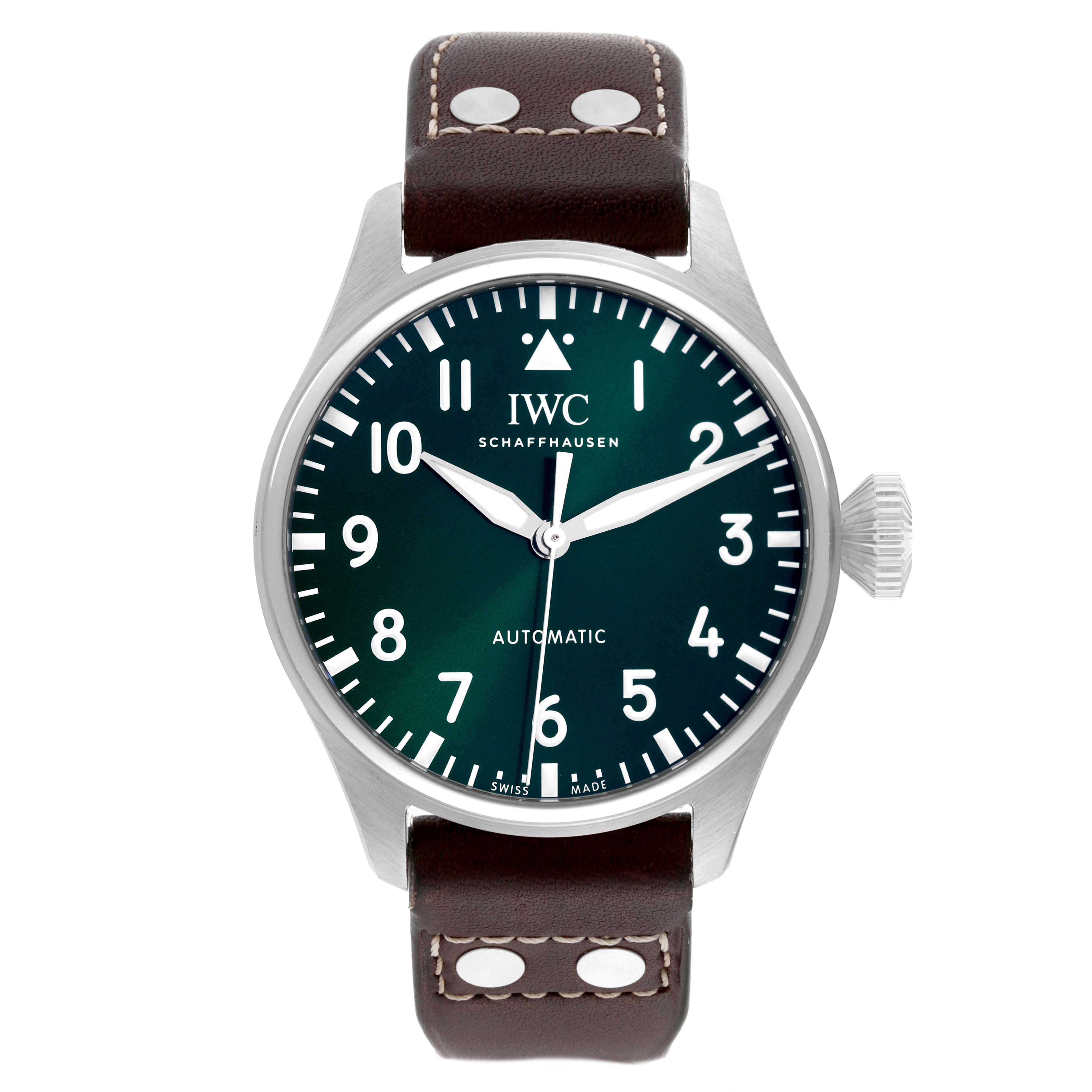 This image shows the front view of the IWC Pilot IW329306 Men's Stainless Steel Green Dial IW329306 Men's Stainless Steel Green Dial model watch, highlighting the dial, hands, and leather strap.