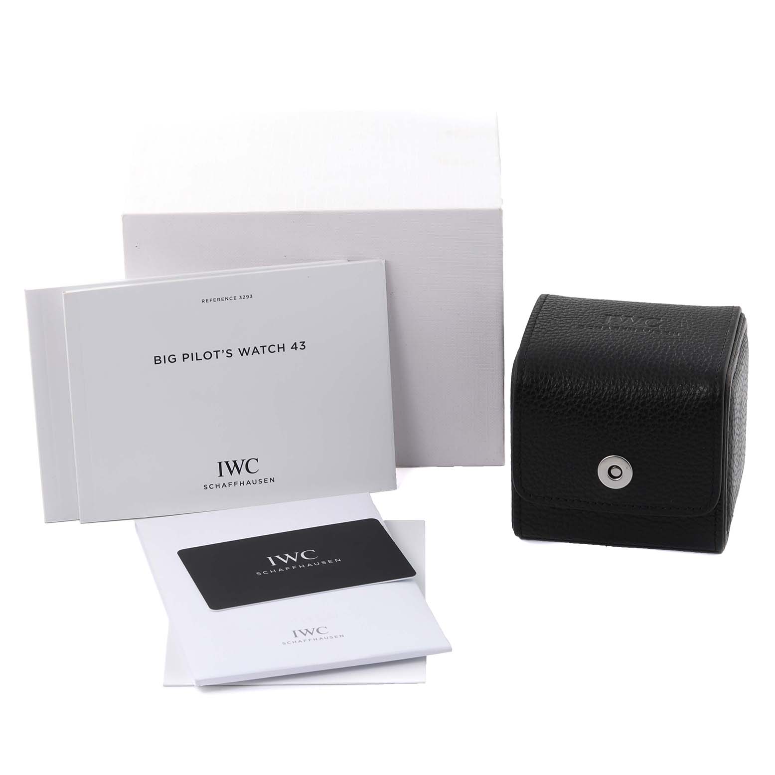 This image shows the packaging and accessories for the IWC Big Pilot's Watch 43, including a white box, black case, manuals, and warranty card.