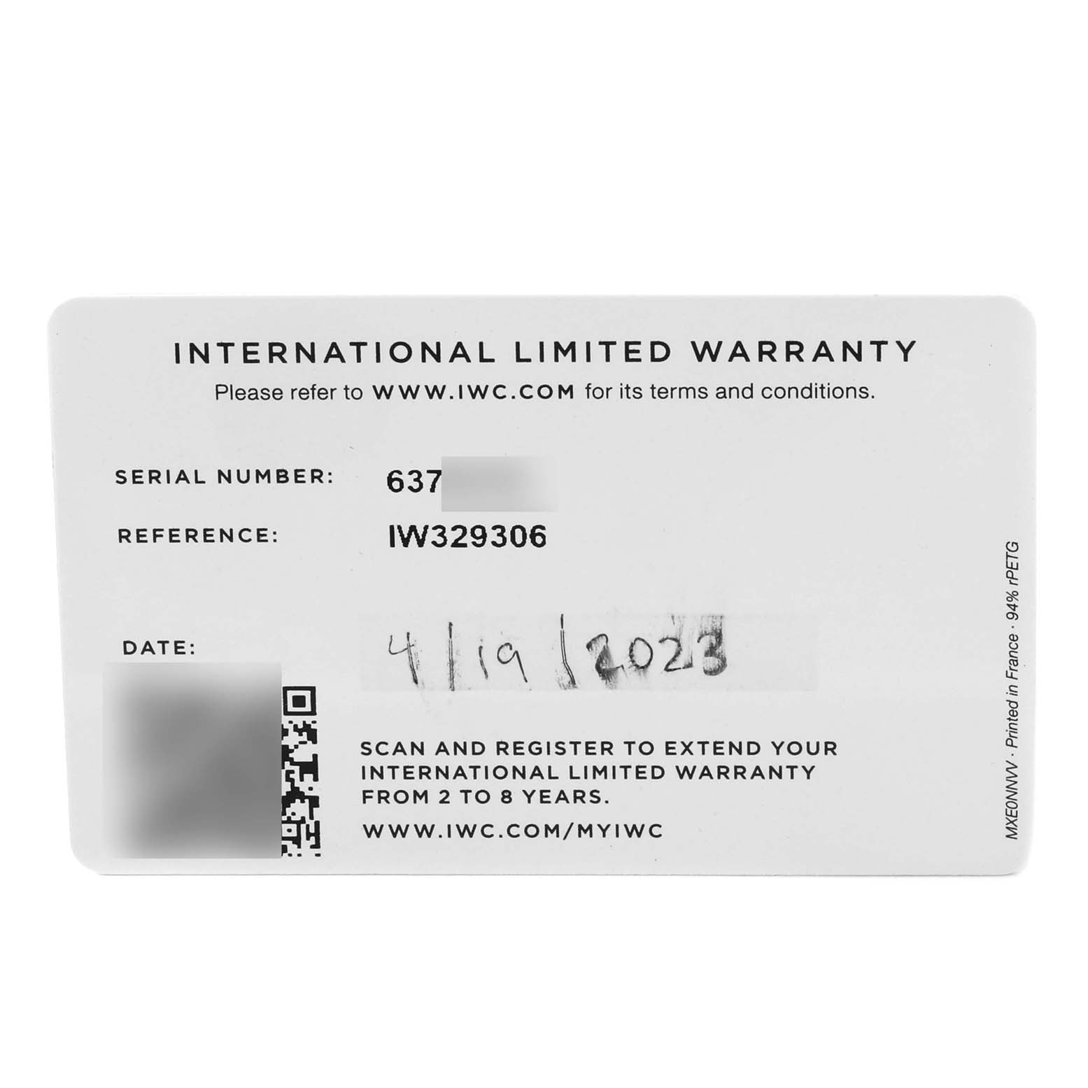 This is an image of the International Limited Warranty card for the Pilot model by IWC, showing serial and reference numbers.