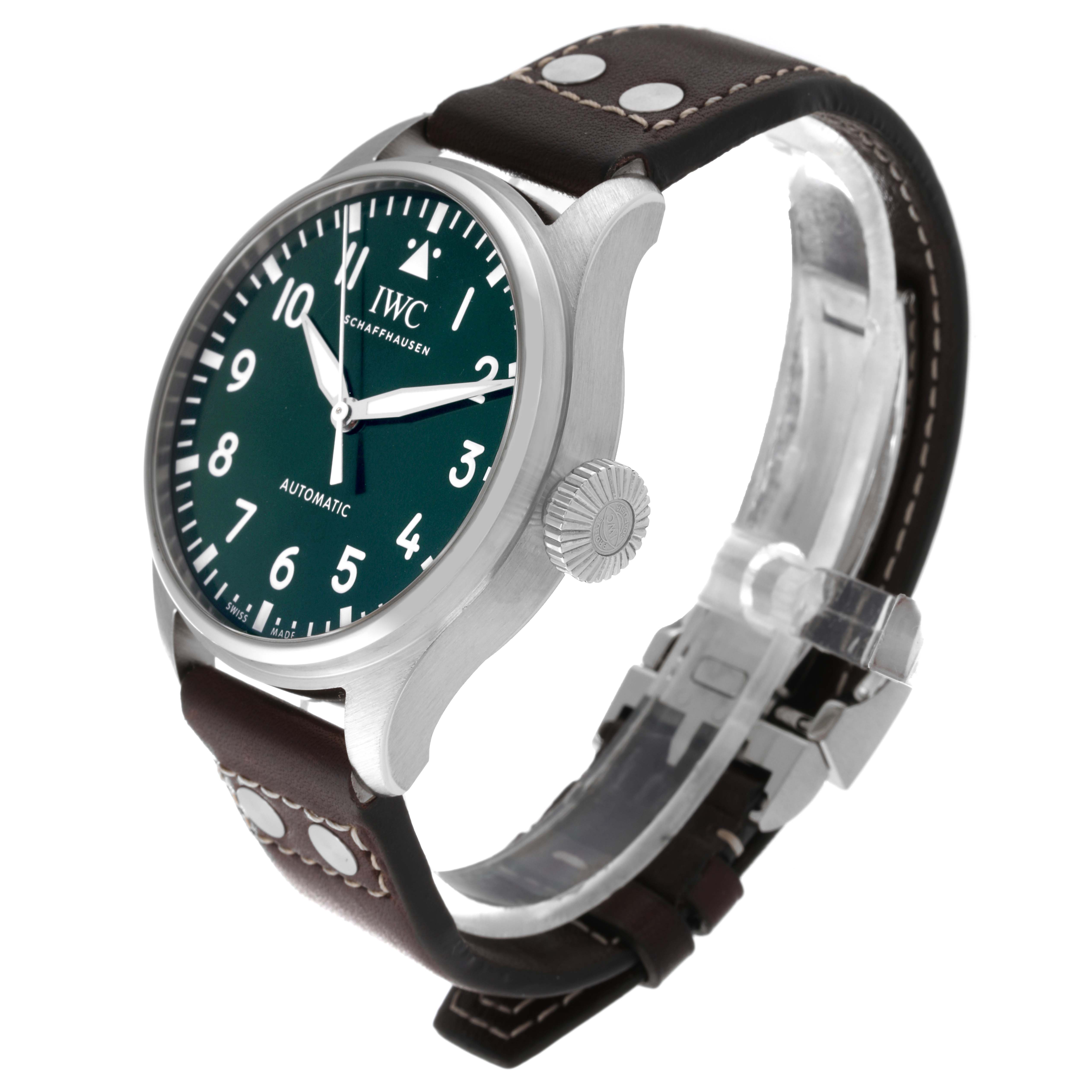 The IWC Pilot IW329306 Men's Stainless Steel Green Dial IW329306 Men's Stainless Steel Green Dial watch is shown from an angled side view, showcasing the face, crown, and leather strap.