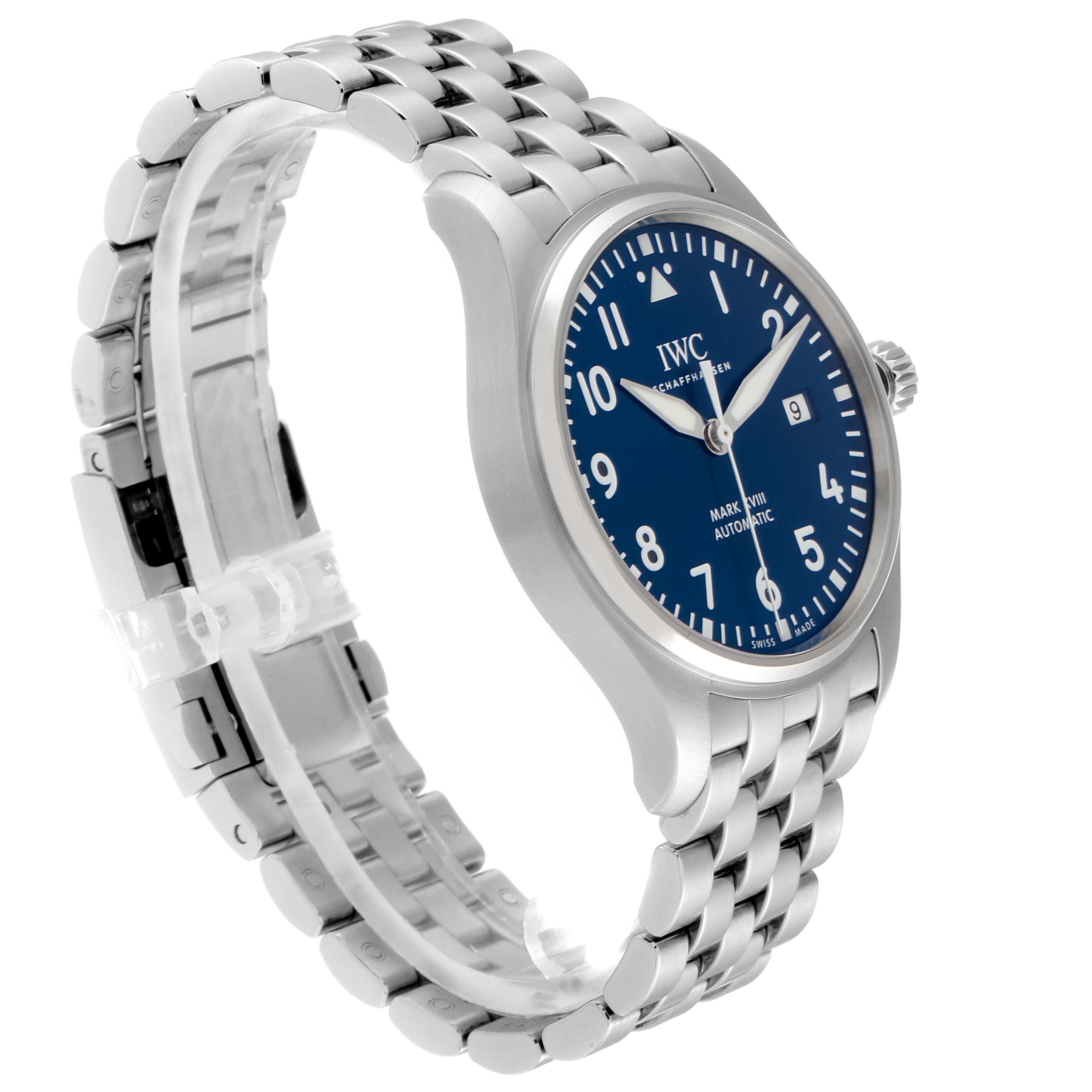 The image shows a side and front view of the IWC Pilot 29275 Men's Stainless Steel Blue Dial 29275 Men's Stainless Steel Blue Dial model watch, highlighting its bracelet, blue dial, and casing.