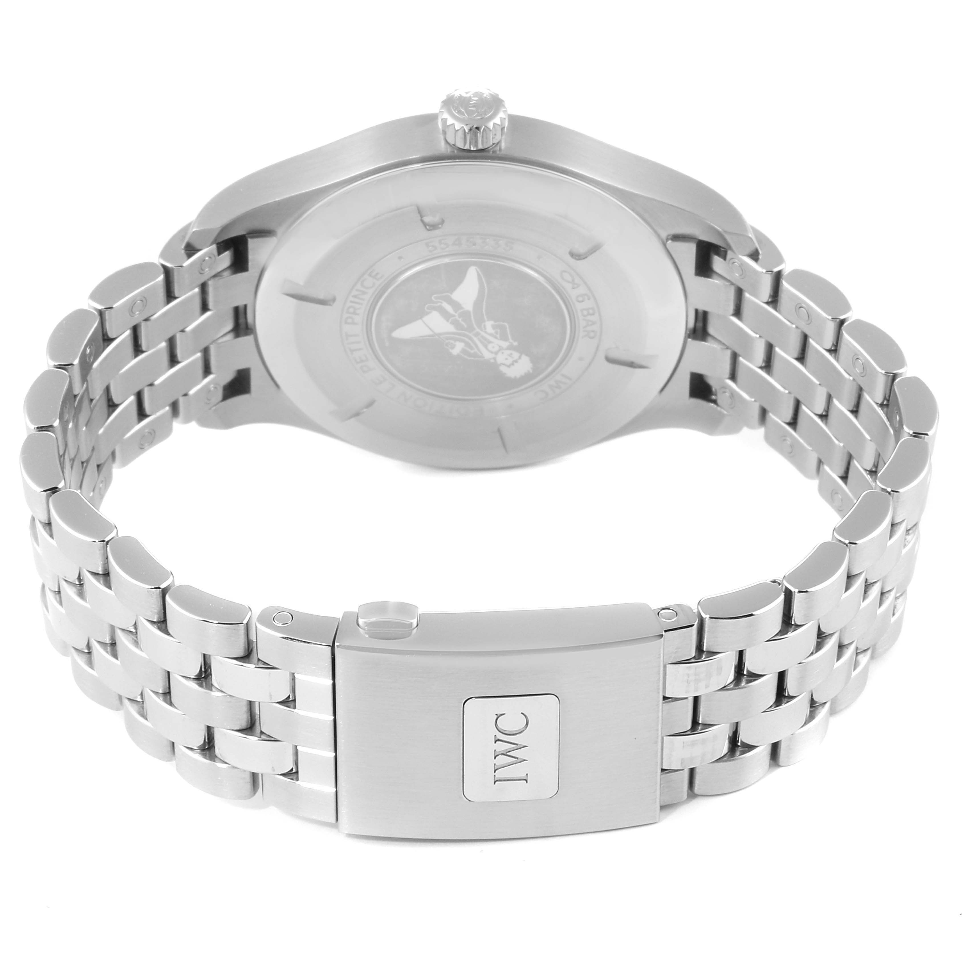 The image shows the back and bracelet of the IWC Pilot 29275 Men's Stainless Steel Blue Dial 29275 Men's Stainless Steel Blue Dial model watch, highlighting the clasp and case back.