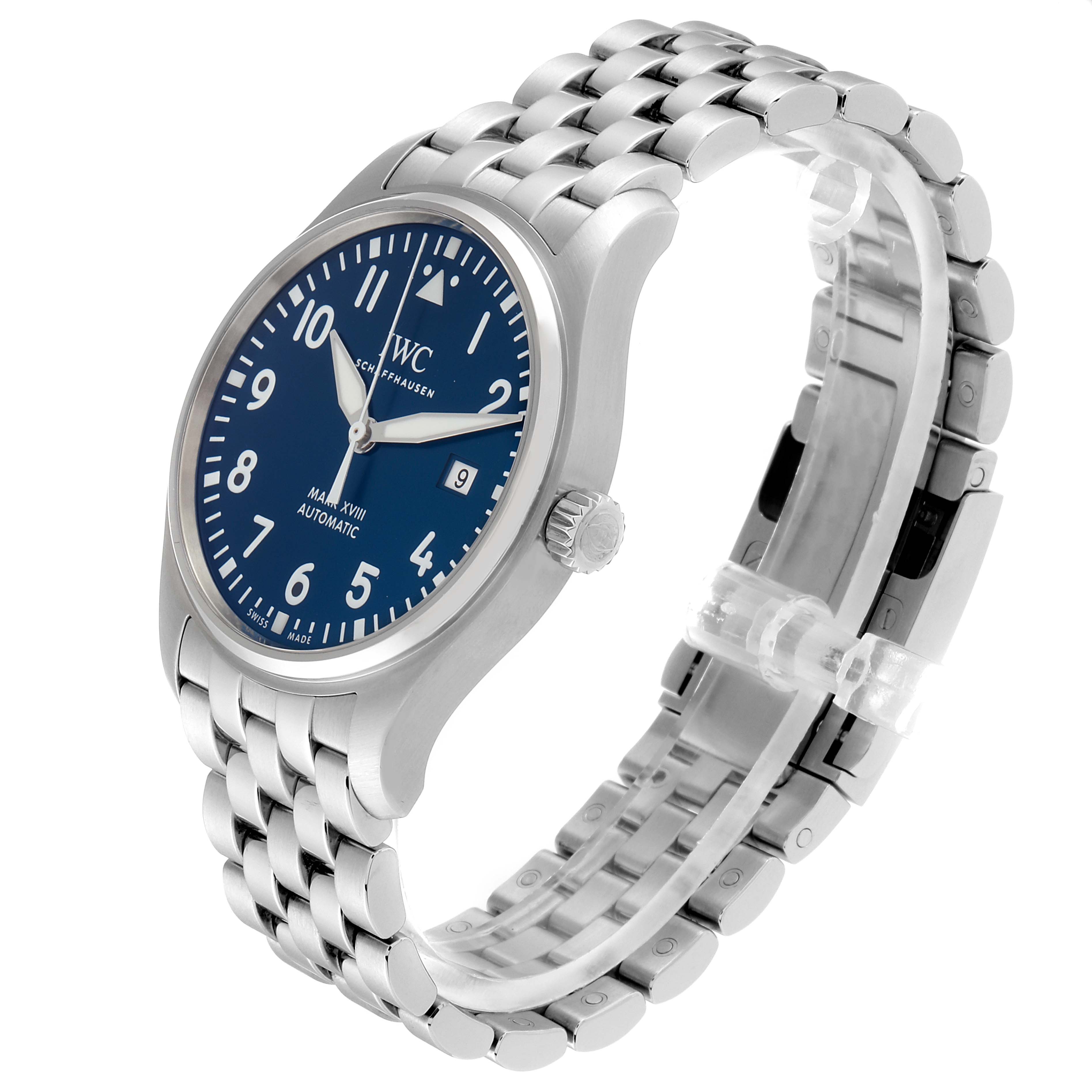 The IWC Pilot 29275 Men's Stainless Steel Blue Dial 29275 Men's Stainless Steel Blue Dial watch is shown at a slight angle, displaying the face, bezel, crown, and part of the bracelet.