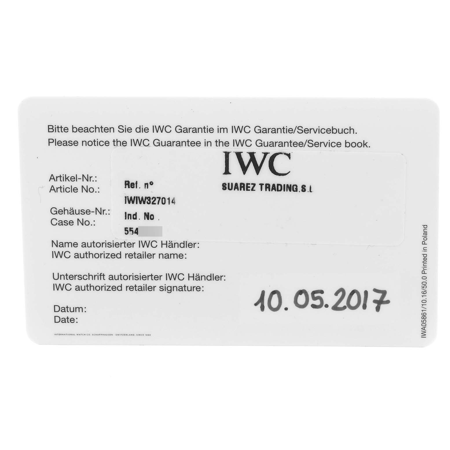 The image shows an IWC guarantee card for the IWC Pilot 29275 Men's Stainless Steel Blue Dial 29275 Men's Stainless Steel Blue Dial model watch, including details like article and case numbers.