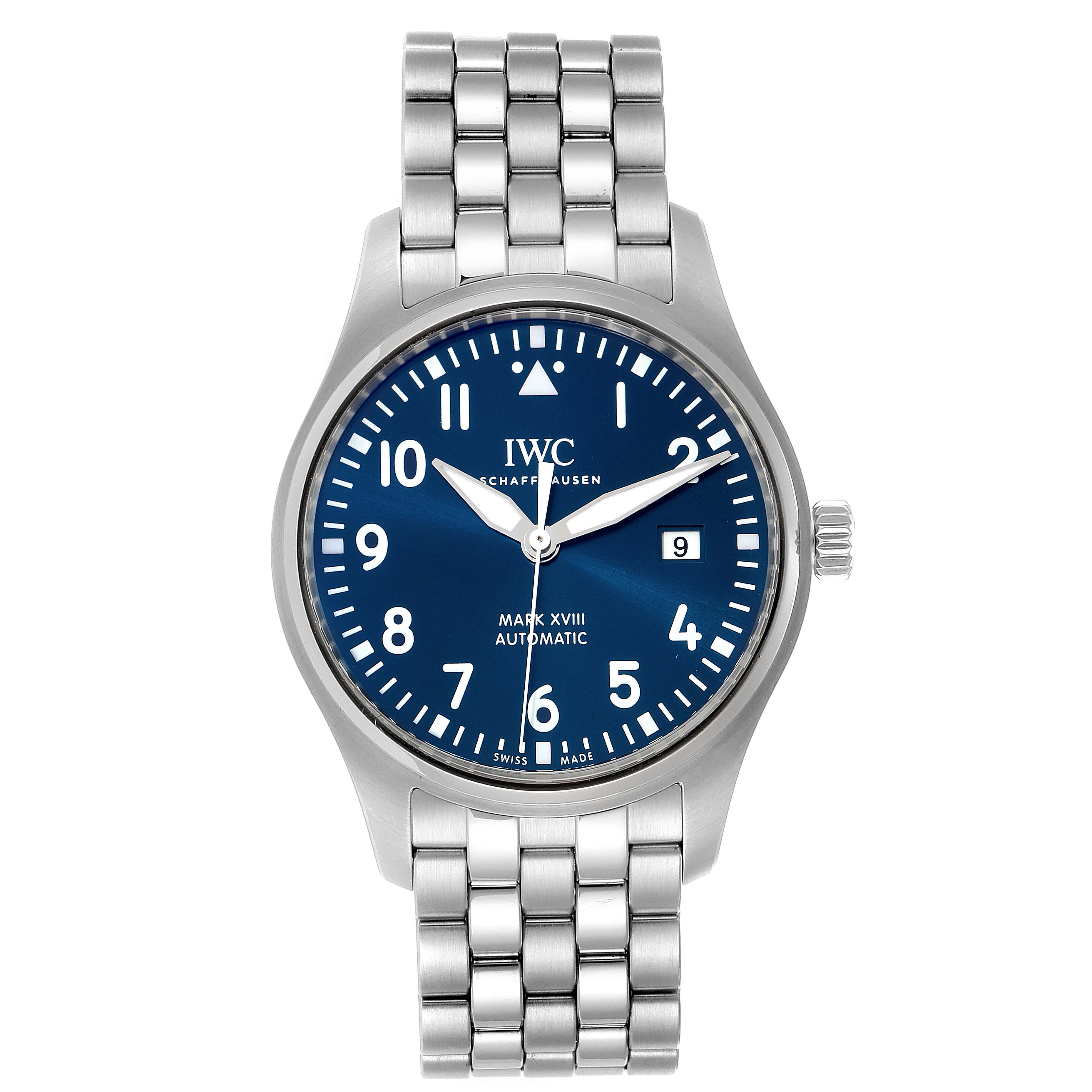 The image shows a frontal view of the IWC Pilot 29275 Men's Stainless Steel Blue Dial 29275 Men's Stainless Steel Blue Dial Mark XVIII watch, featuring its blue dial, silver case, and metal bracelet.