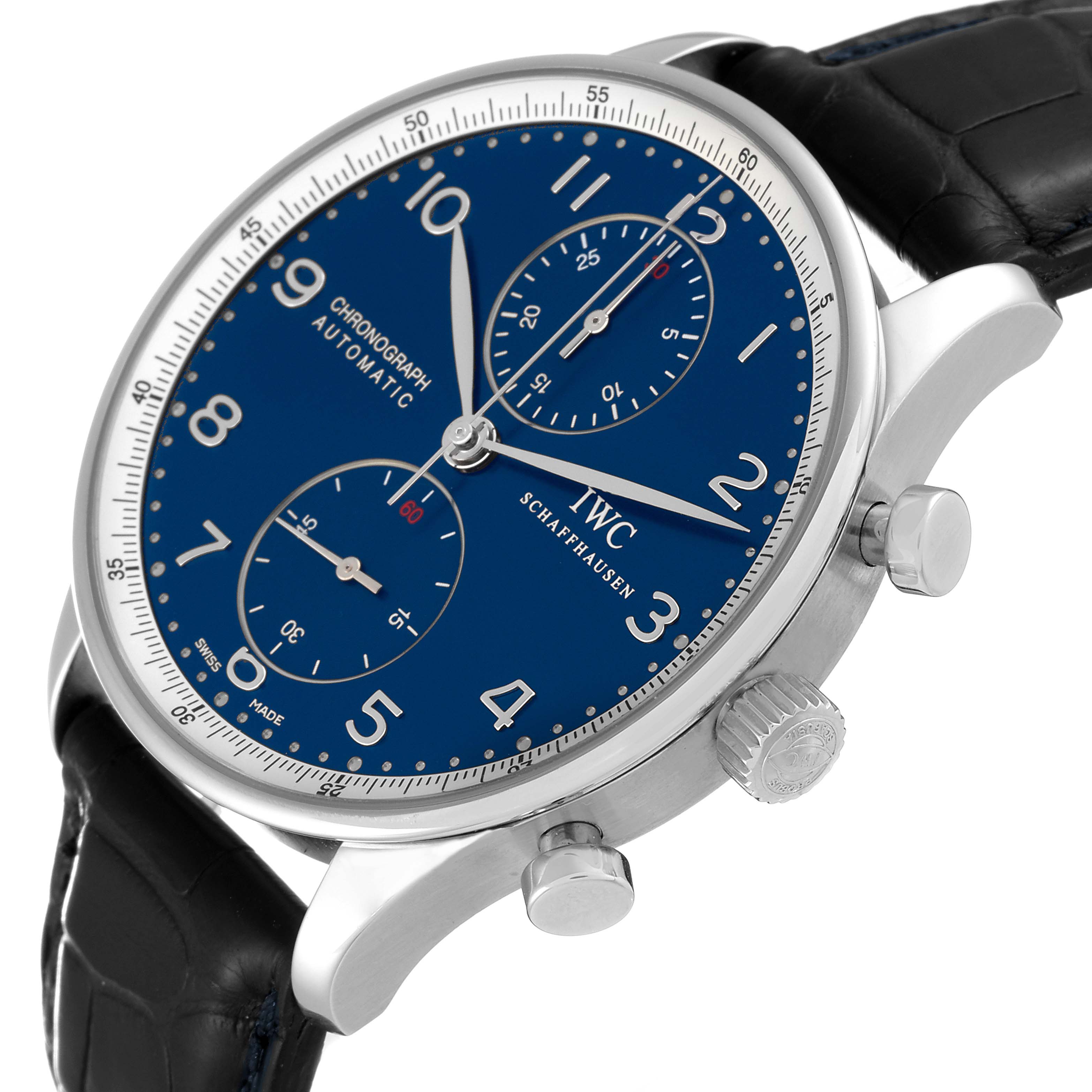This IWC Portuguese IW371432 Men's Stainless Steel Blue Dial IW371432 Men's Stainless Steel Blue Dial model watch is shown from a side angle, highlighting the blue dial, chronograph sub-dials, crown, and pushers.