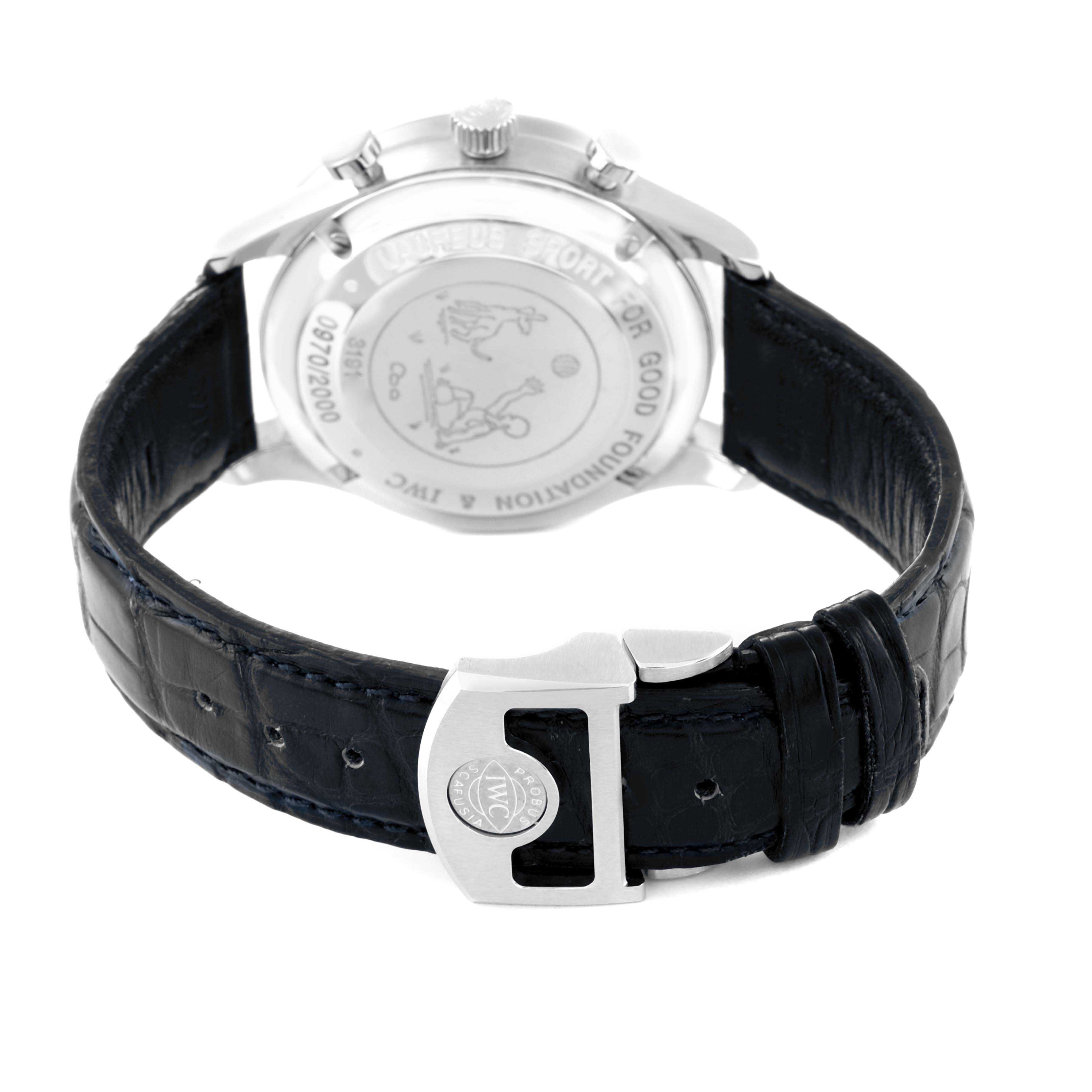 The image shows the rear view of the IWC Portuguese IW371432 Men's Stainless Steel Blue Dial IW371432 Men's Stainless Steel Blue Dial model watch, highlighting its back case and black leather strap with a branded clasp.