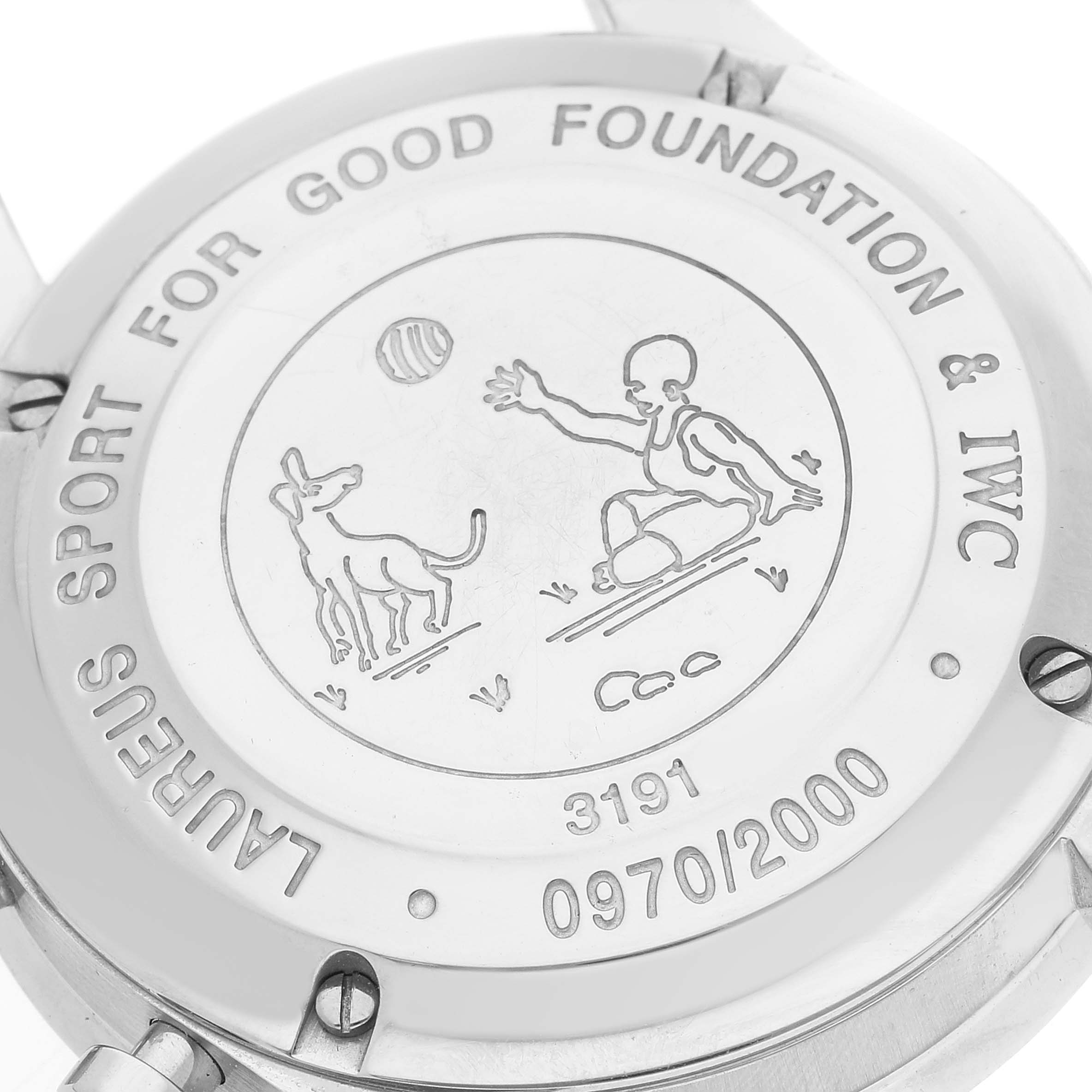 The image shows the case back of the IWC Portuguese IW371432 Men's Stainless Steel Blue Dial IW371432 Men's Stainless Steel Blue Dial watch, featuring an engraving and limited edition number.