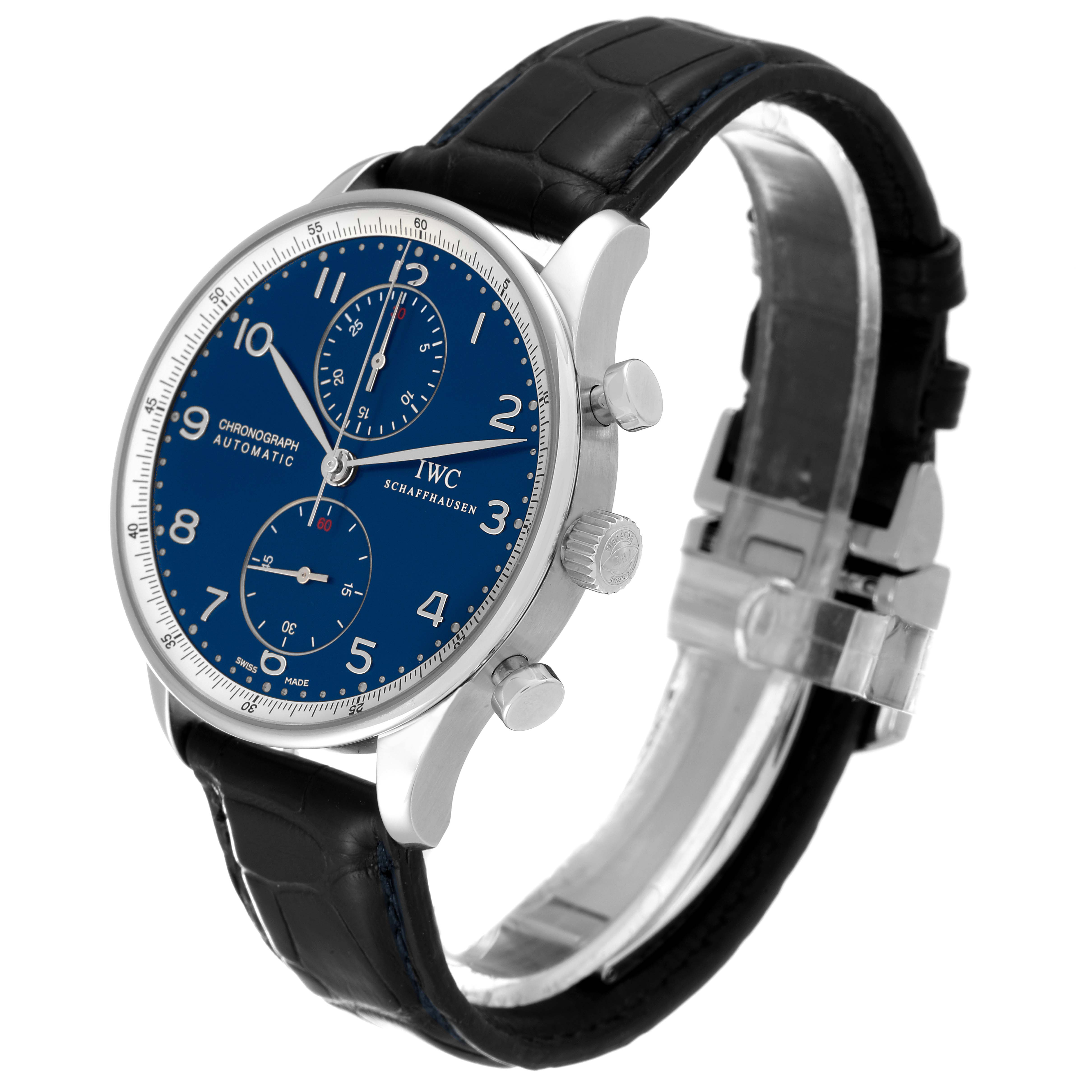 The image shows a side angle of the IWC Portuguese IW371432 Men's Stainless Steel Blue Dial IW371432 Men's Stainless Steel Blue Dial Chronograph Automatic watch, highlighting its blue dial, silver case, and leather strap.