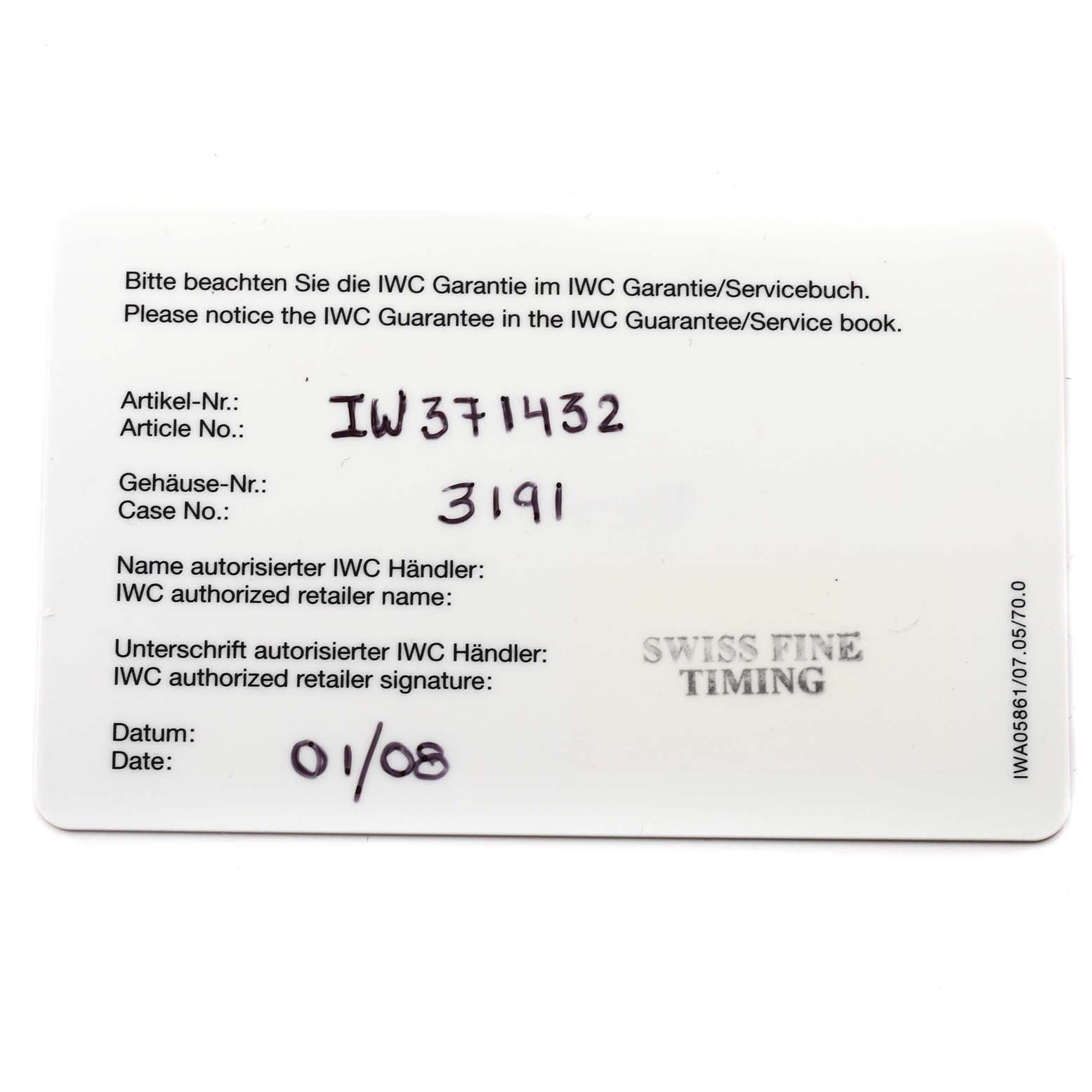 This image shows the warranty card for the IWC Portuguese IW371432 Men's Stainless Steel Blue Dial IW371432 Men's Stainless Steel Blue Dial model, detailing the article and case numbers.