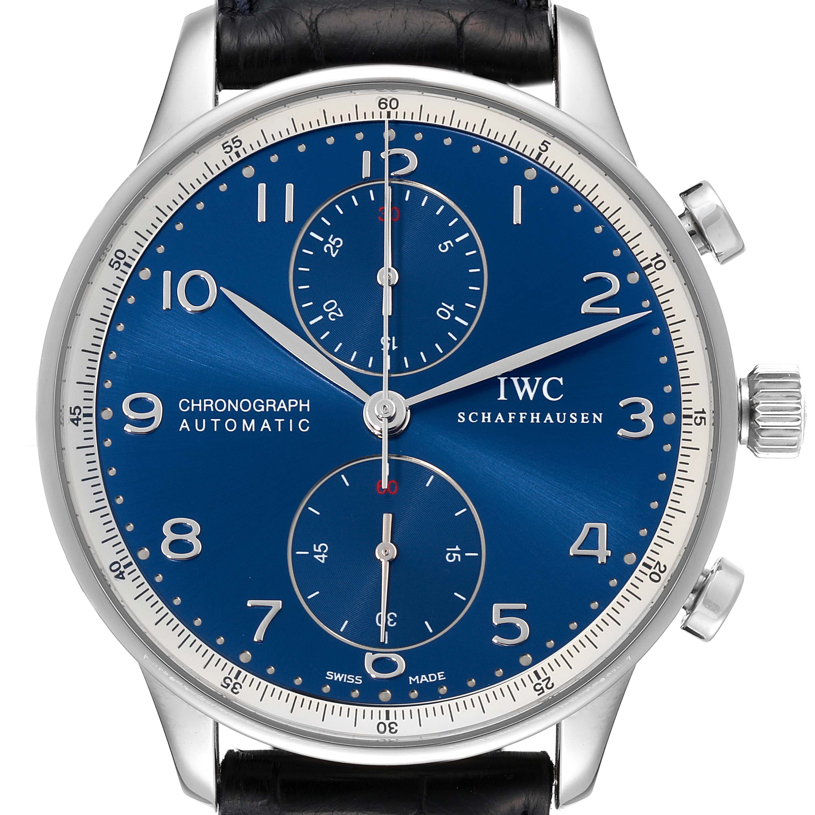 This is a front view of the IWC Portuguese IW371432 Men's Stainless Steel Blue Dial IW371432 Men's Stainless Steel Blue Dial model watch, showcasing its blue dial, chronograph subdials, and stainless steel case.