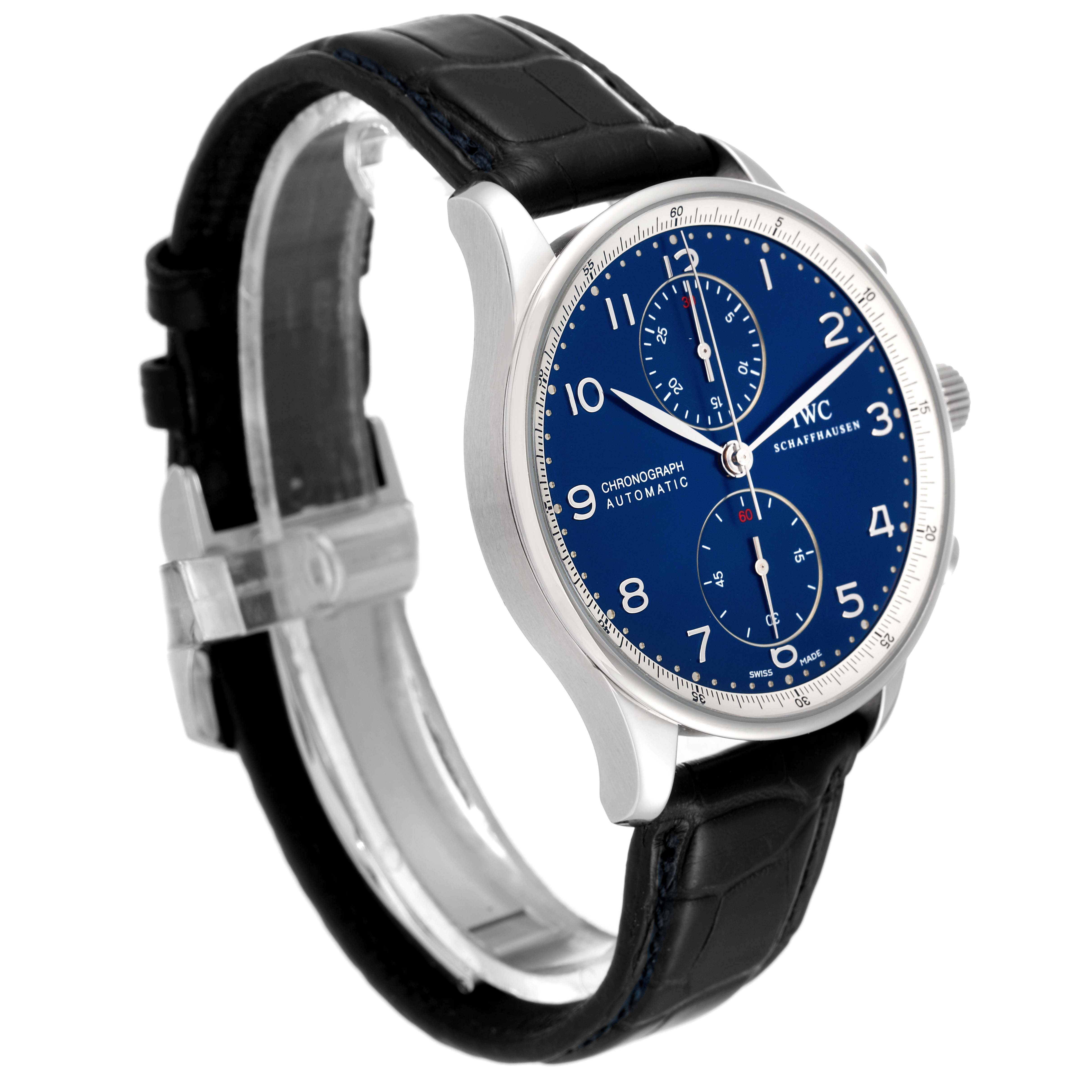 The image shows a side angle of an IWC Portuguese IW371432 Men's Stainless Steel Blue Dial IW371432 Men's Stainless Steel Blue Dial Chronograph Automatic watch, highlighting the blue dial and black leather strap.