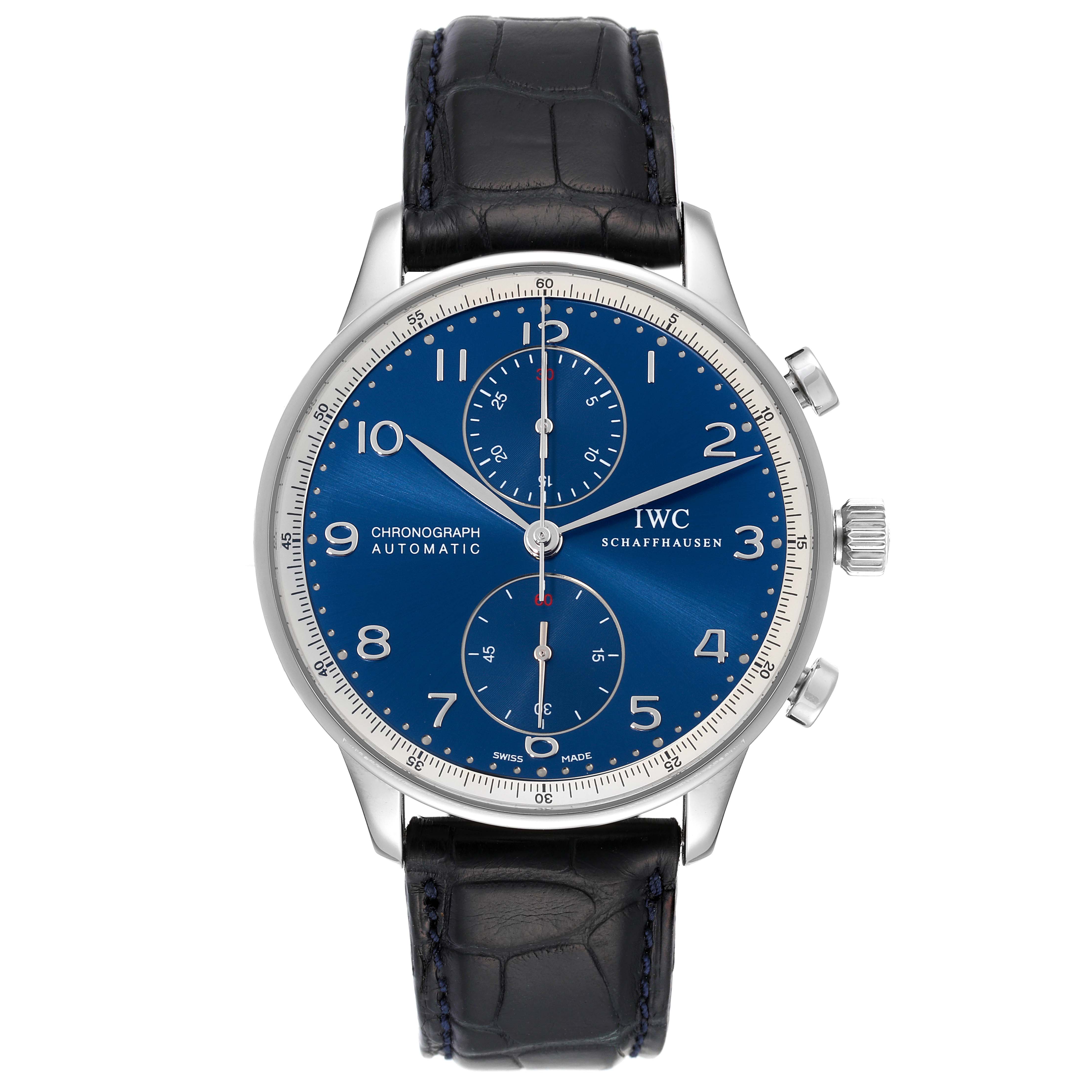 This is a front view of the IWC Portuguese IW371432 Men's Stainless Steel Blue Dial IW371432 Men's Stainless Steel Blue Dial Chronograph watch displaying its blue dial, subdials, and leather strap.
