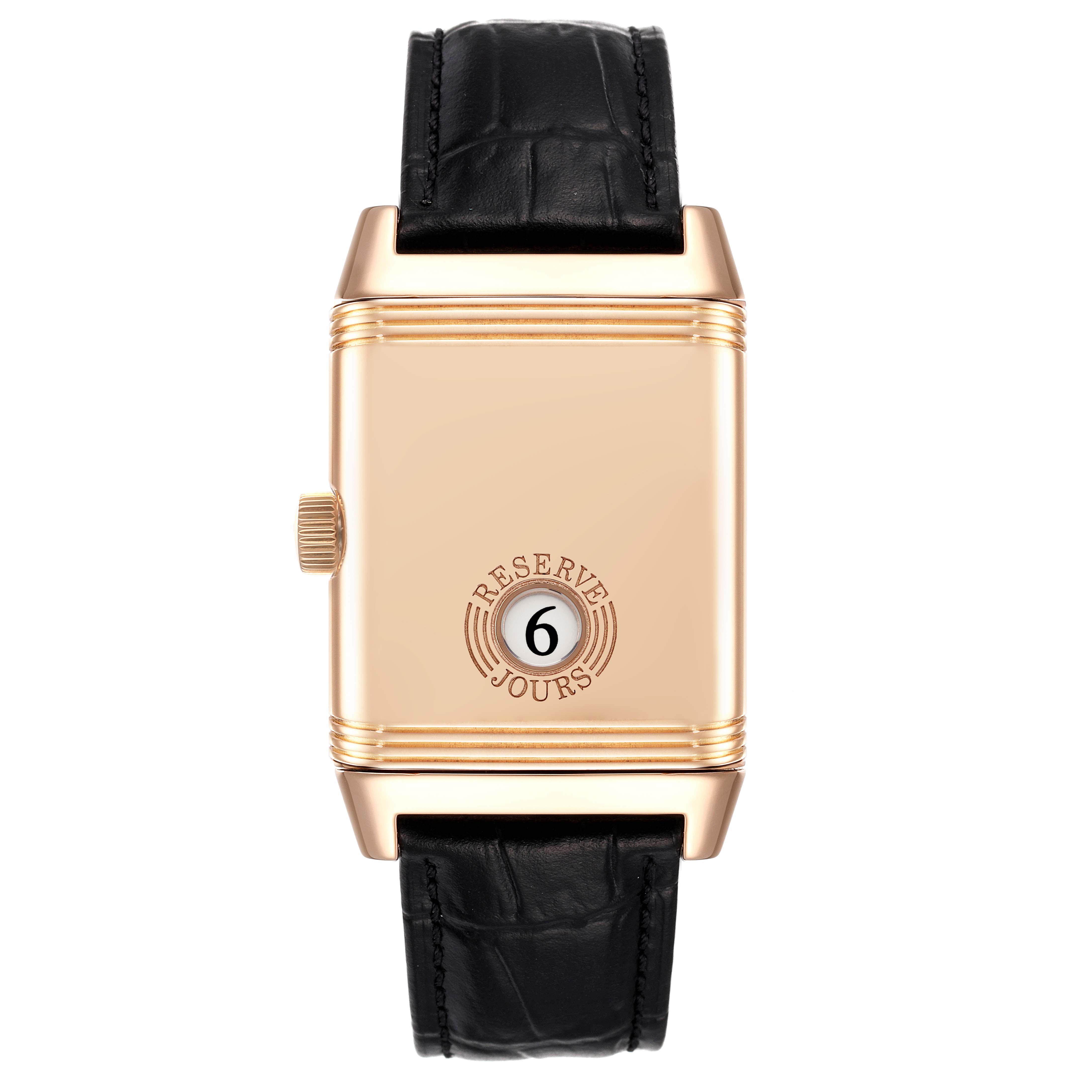 This is a frontal view of a Jaeger LeCoultre Reverso Q3012420 Men
s Rose Gold Silver Dial Q3012420 Men
s Rose Gold Silver Dial watch showcasing its Reserve de Marche display.