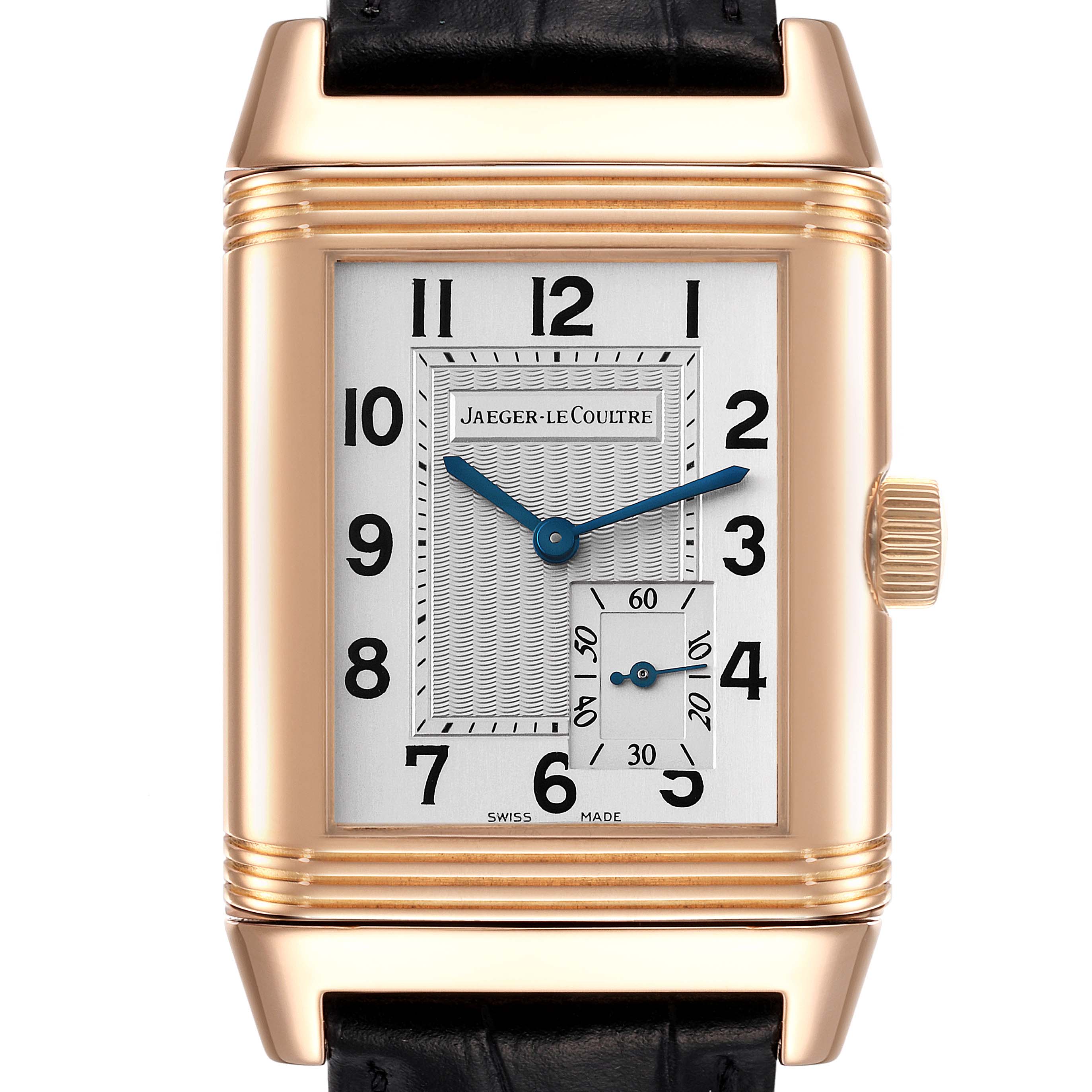 This image shows a frontal view of a Jaeger-LeCoultre Reverso watch, highlighting its rectangular face, gold case, and leather strap.