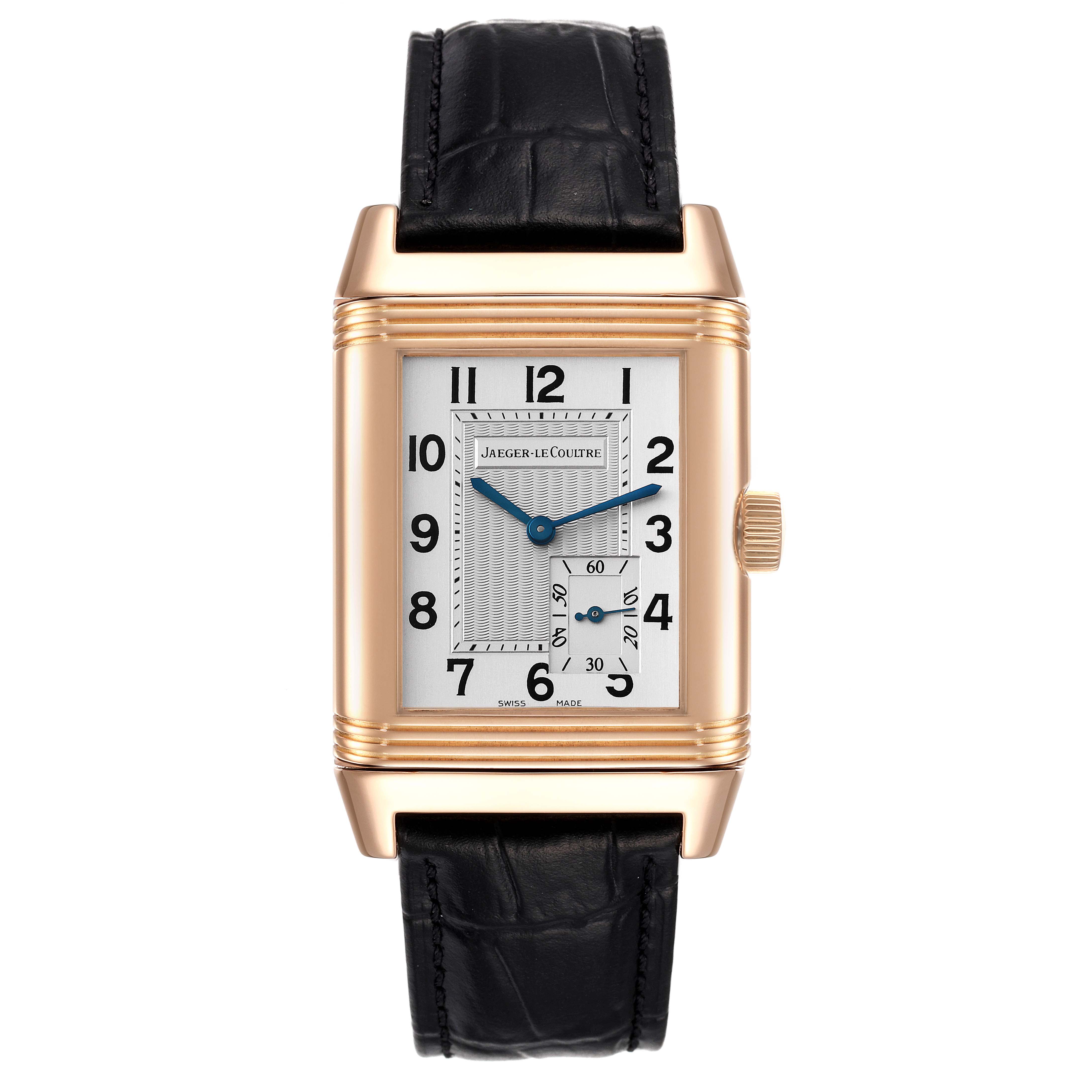 This image shows a front view of a Jaeger LeCoultre Reverso Q3012420 Men
s Rose Gold Silver Dial Q3012420 Men
s Rose Gold Silver Dial watch, including the dial, case, crown, and leather strap.