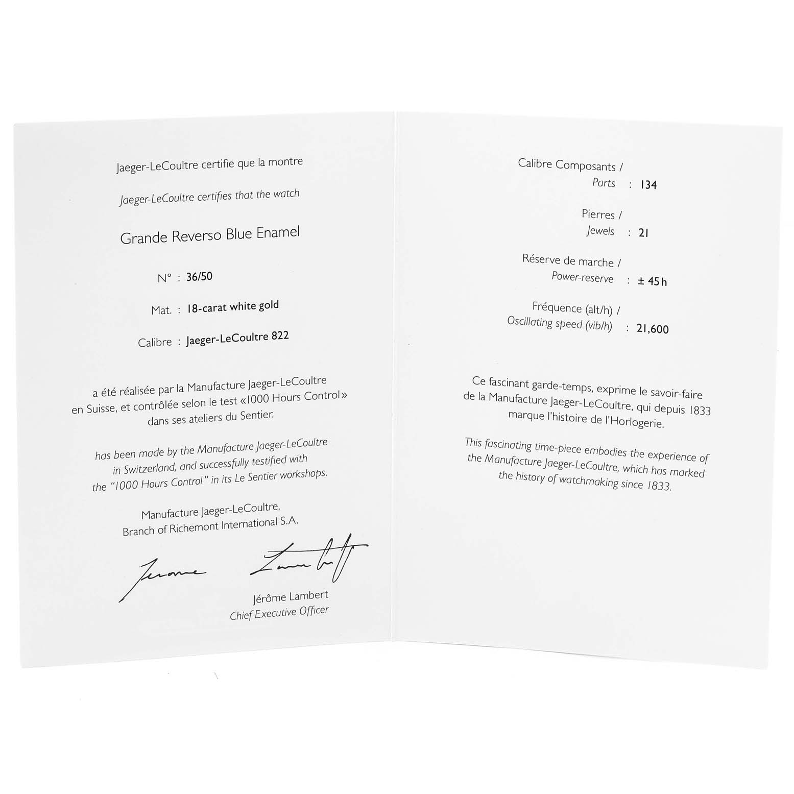 The image shows an open certification booklet for the Jaeger-LeCoultre Grande Reverso Blue Enamel watch, featuring technical details and signatures.