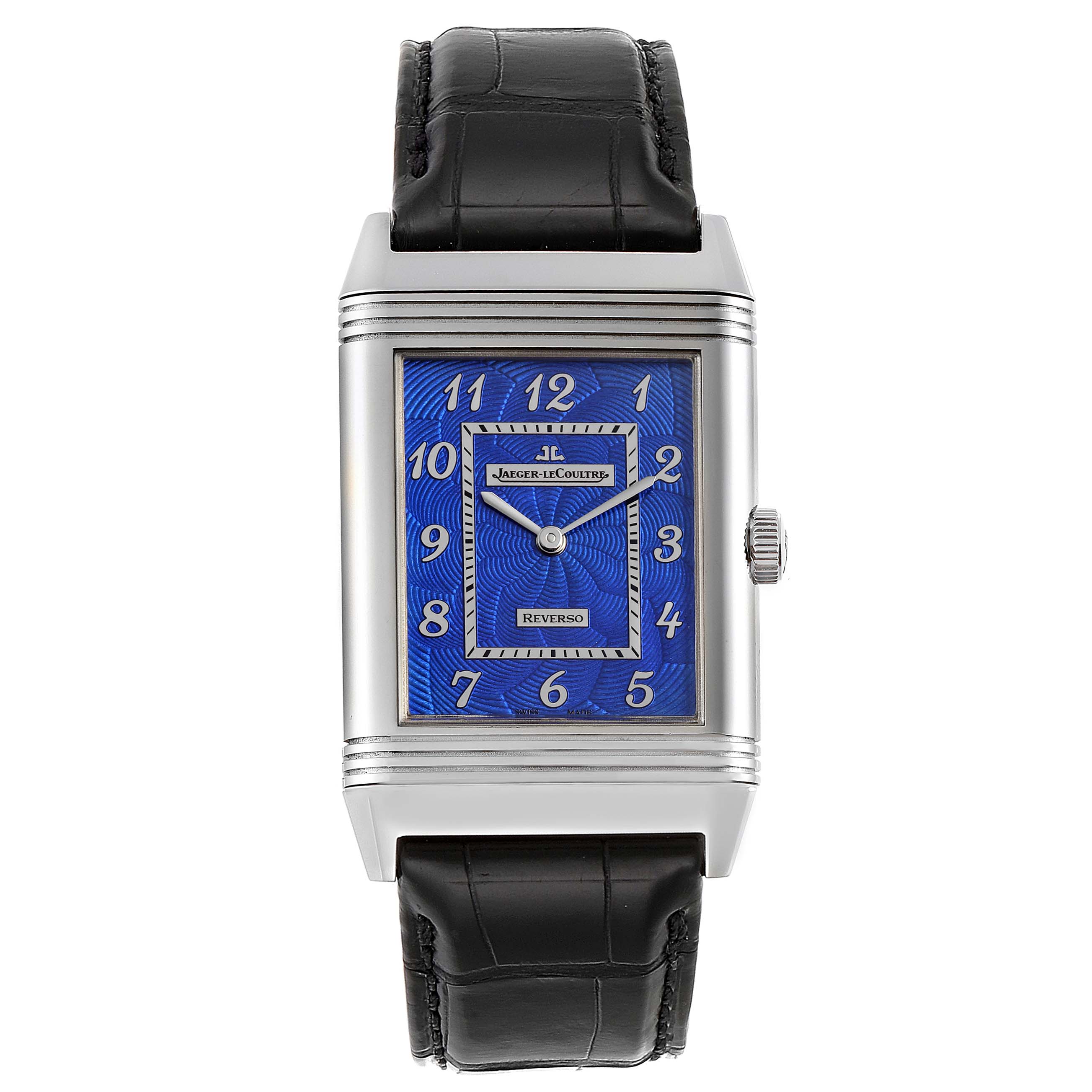 This image shows a front view of the Jaeger LeCoultre Reverso Q33735E1 Men's White Gold Blue Dial Q33735E1 Men's White Gold Blue Dial watch, displaying the blue dial and black leather strap.