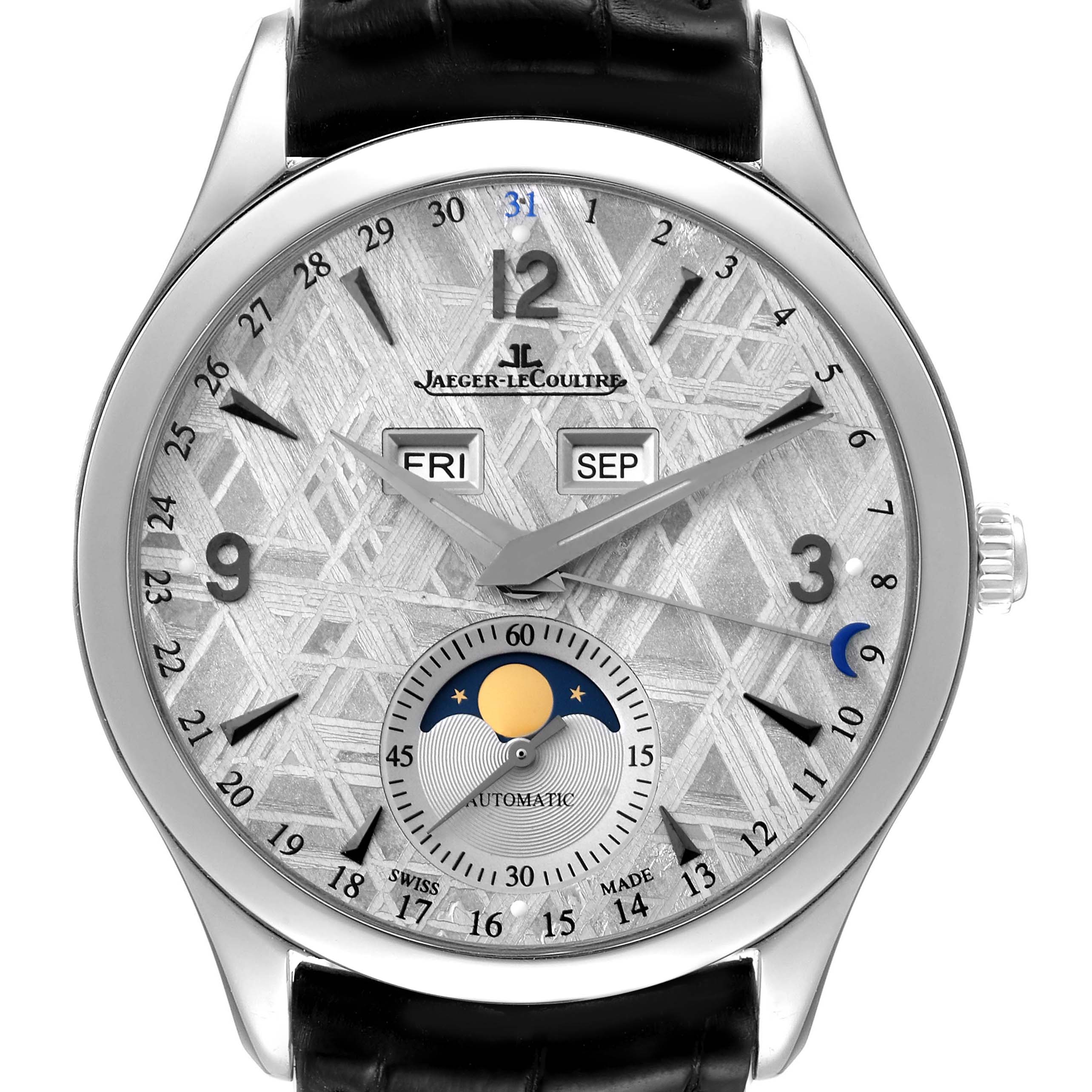 The Jaeger-LeCoultre Master model watch is shown from a front angle, displaying the dial with a date indicator, day, month, and moon phase.