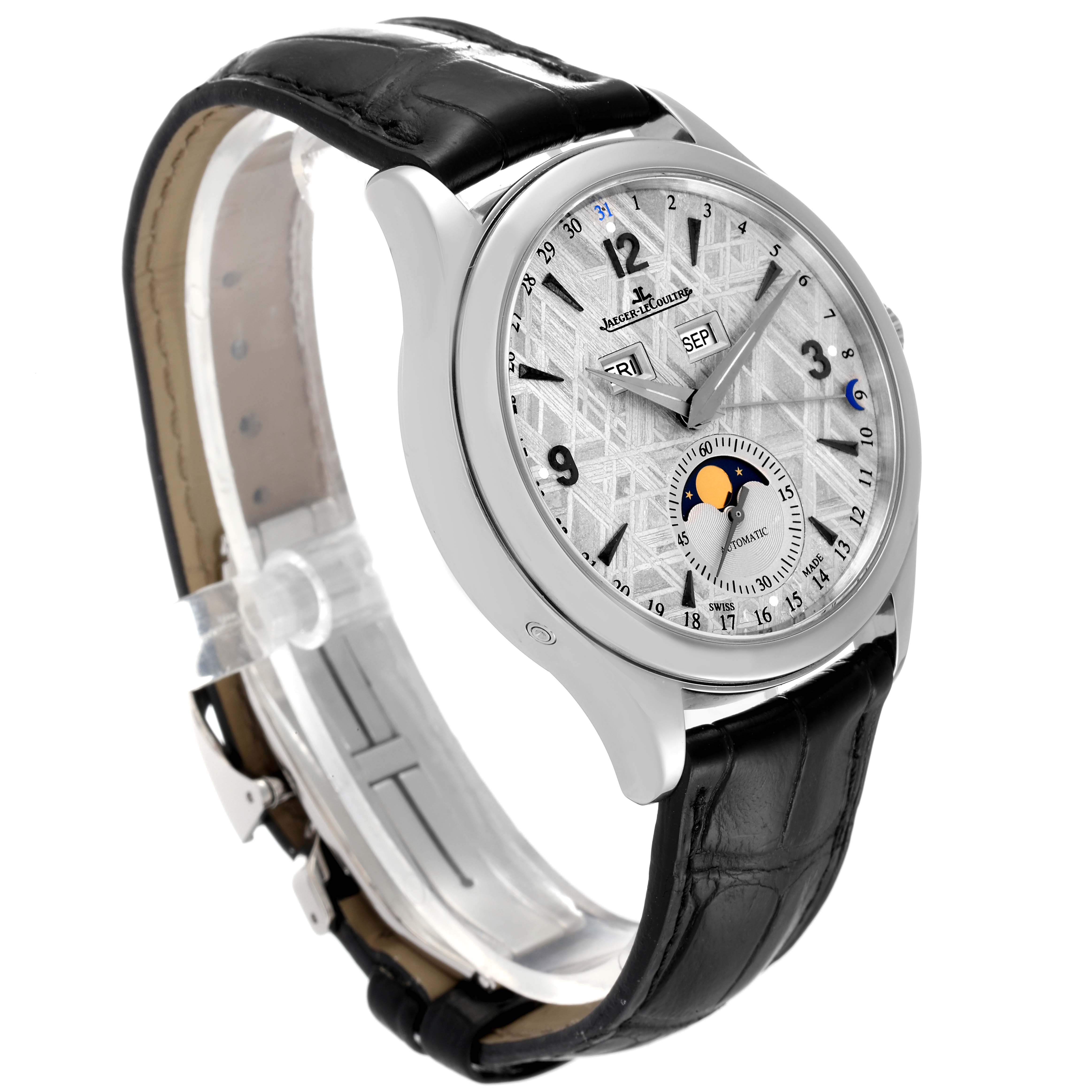 The image shows a Jaeger-LeCoultre Master model watch at a three-quarter angle, displaying its face, strap, and side profile.