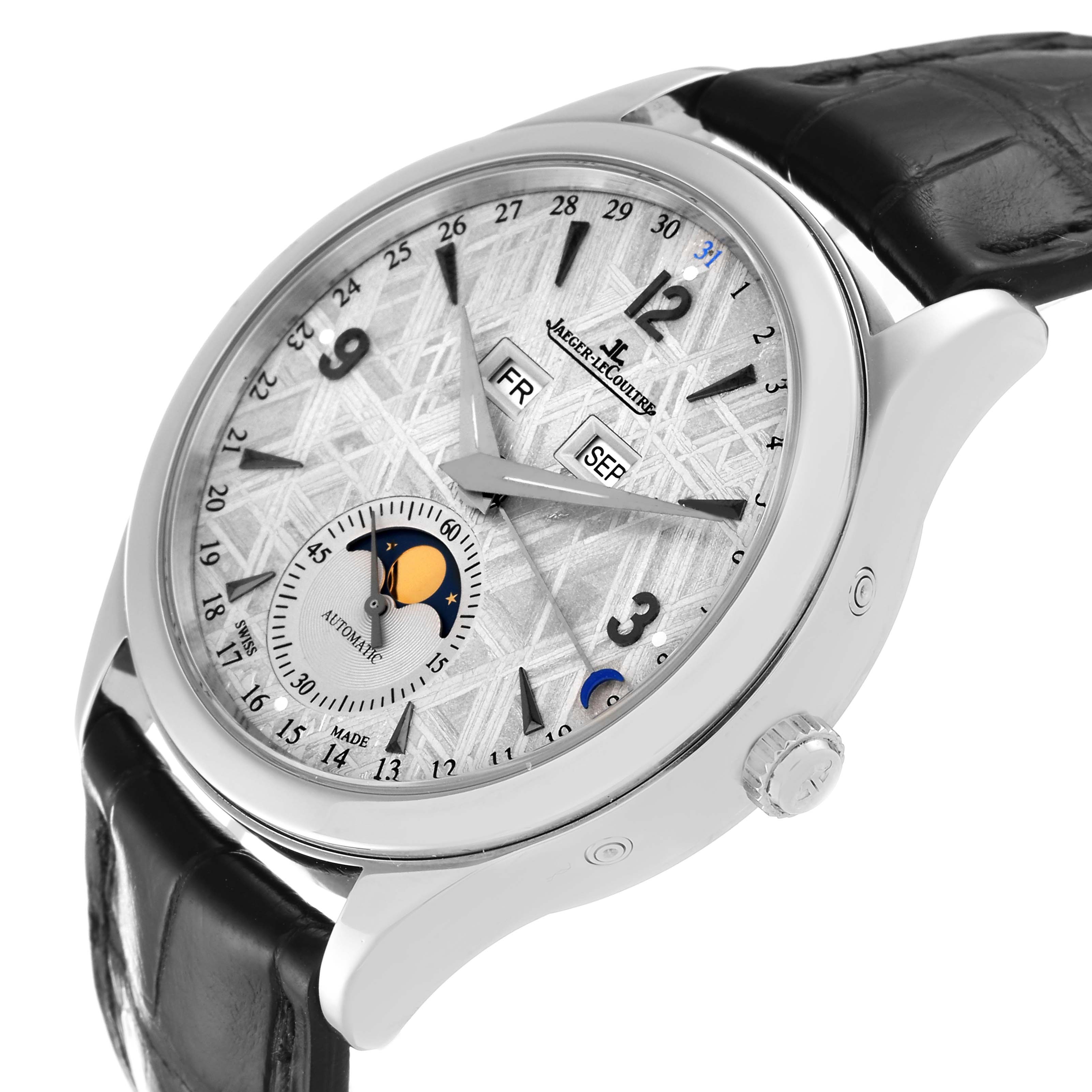 The image shows a Jaeger LeCoultre Master Q1558421 Men
s Stainless Steel Silver Dial Q1558421 Men
s Stainless Steel Silver Dial model watch at an oblique angle, highlighting its dial, crown, and black leather strap.