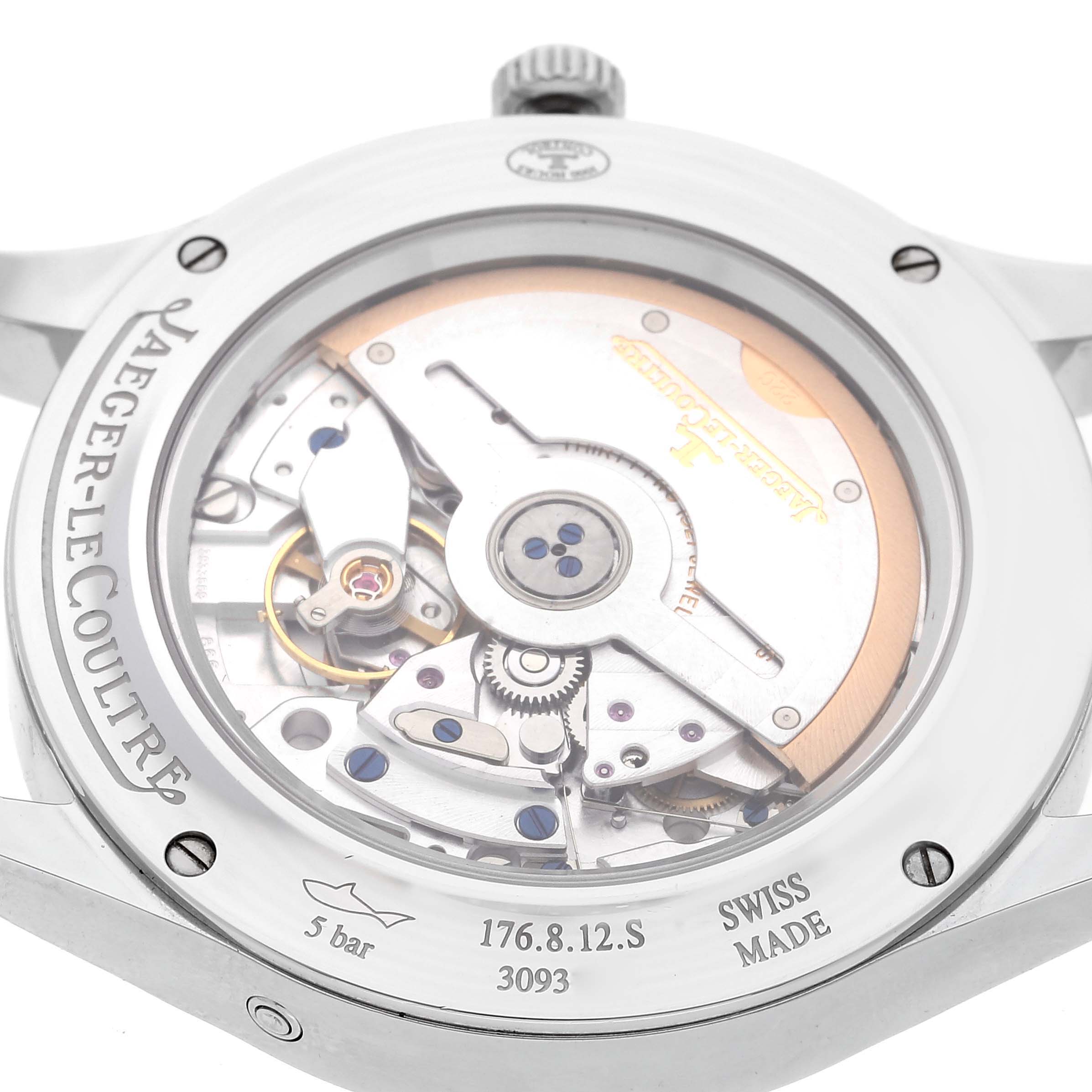 This image shows the back view of a Jaeger-LeCoultre Master model watch, revealing its intricate mechanical movement.