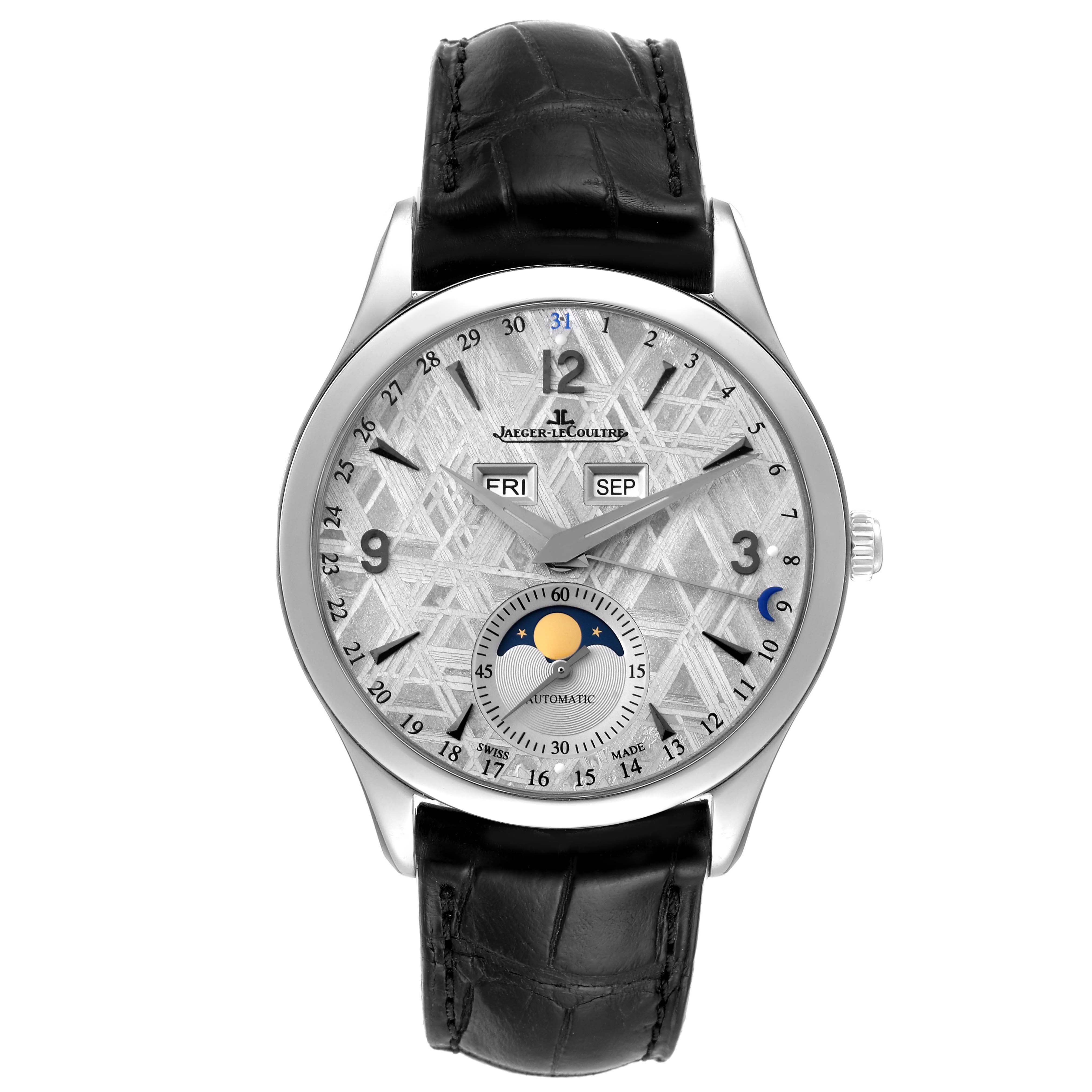 This image shows a front view of the Jaeger LeCoultre Master Q1558421 Men
s Stainless Steel Silver Dial Q1558421 Men
s Stainless Steel Silver Dial watch with silver dial, moon phase, and date indicators, and a black leather strap.