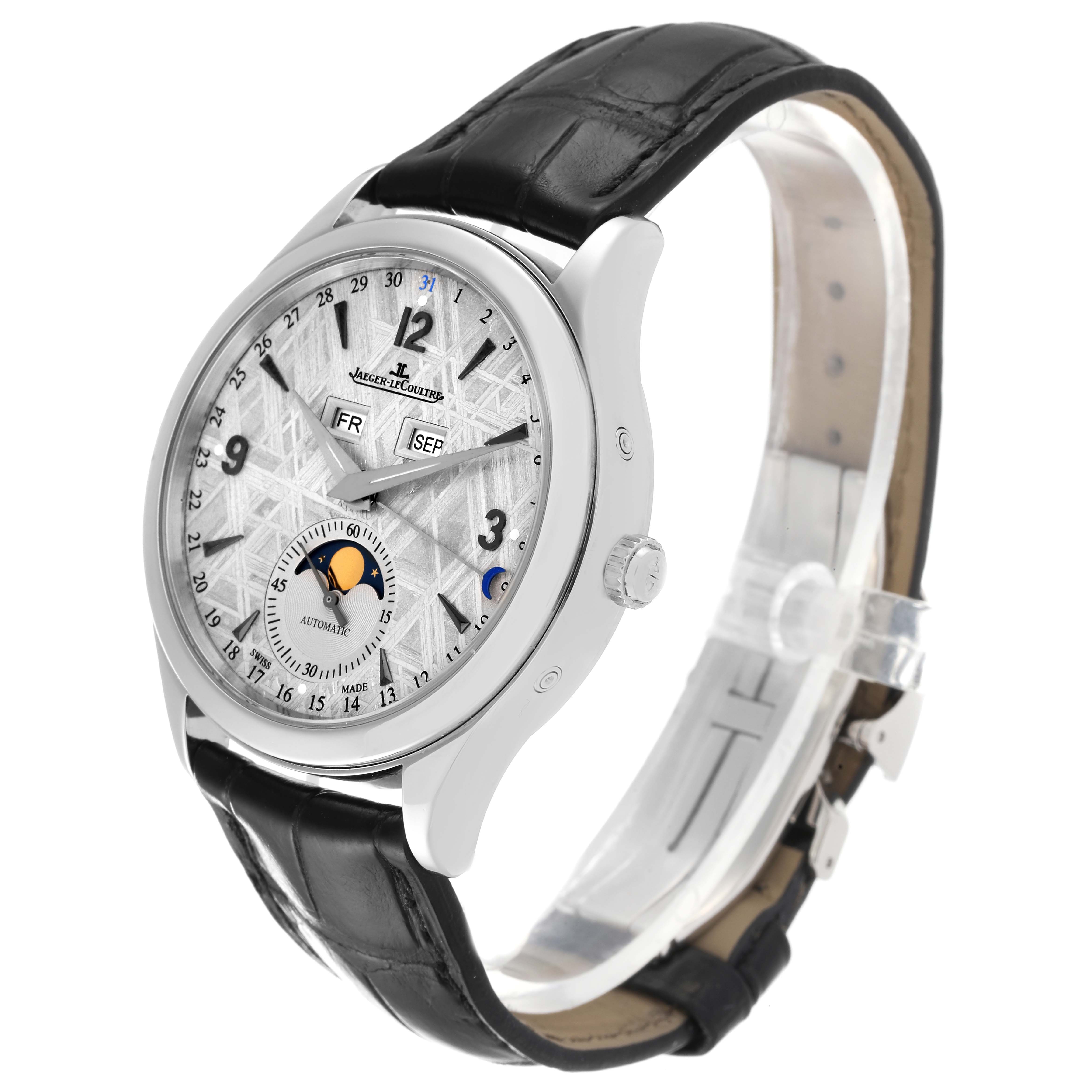 This Jaeger LeCoultre Master Q1558421 Men
s Stainless Steel Silver Dial Q1558421 Men
s Stainless Steel Silver Dial watch is shown from a side angle, highlighting its dial, case, crown, and leather strap.