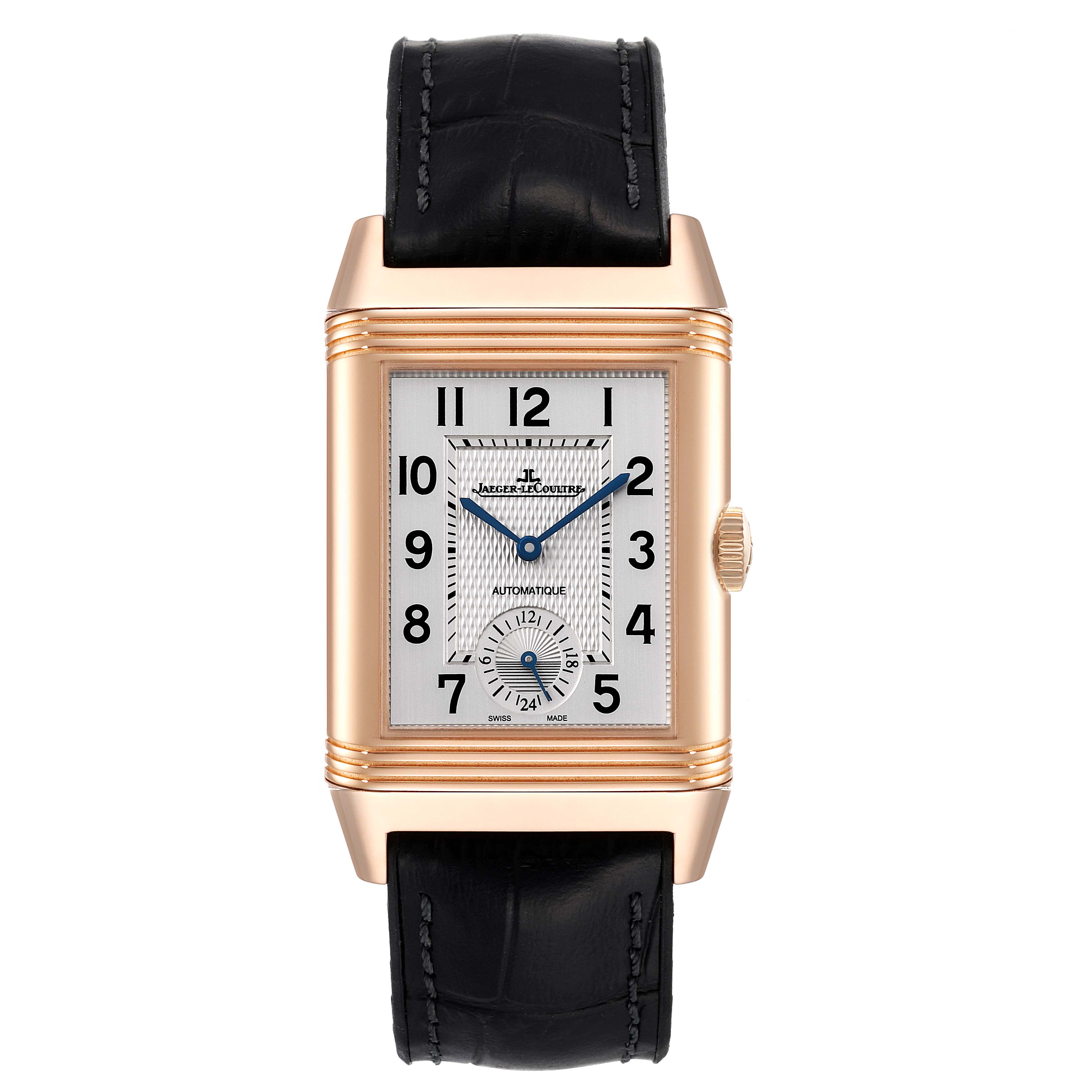 The image shows a front view of a Jaeger LeCoultre Reverso Q3832420 Men's Rose Gold Silver Dial Q3832420 Men's Rose Gold Silver Dial watch with a black leather strap and a rectangular dial.