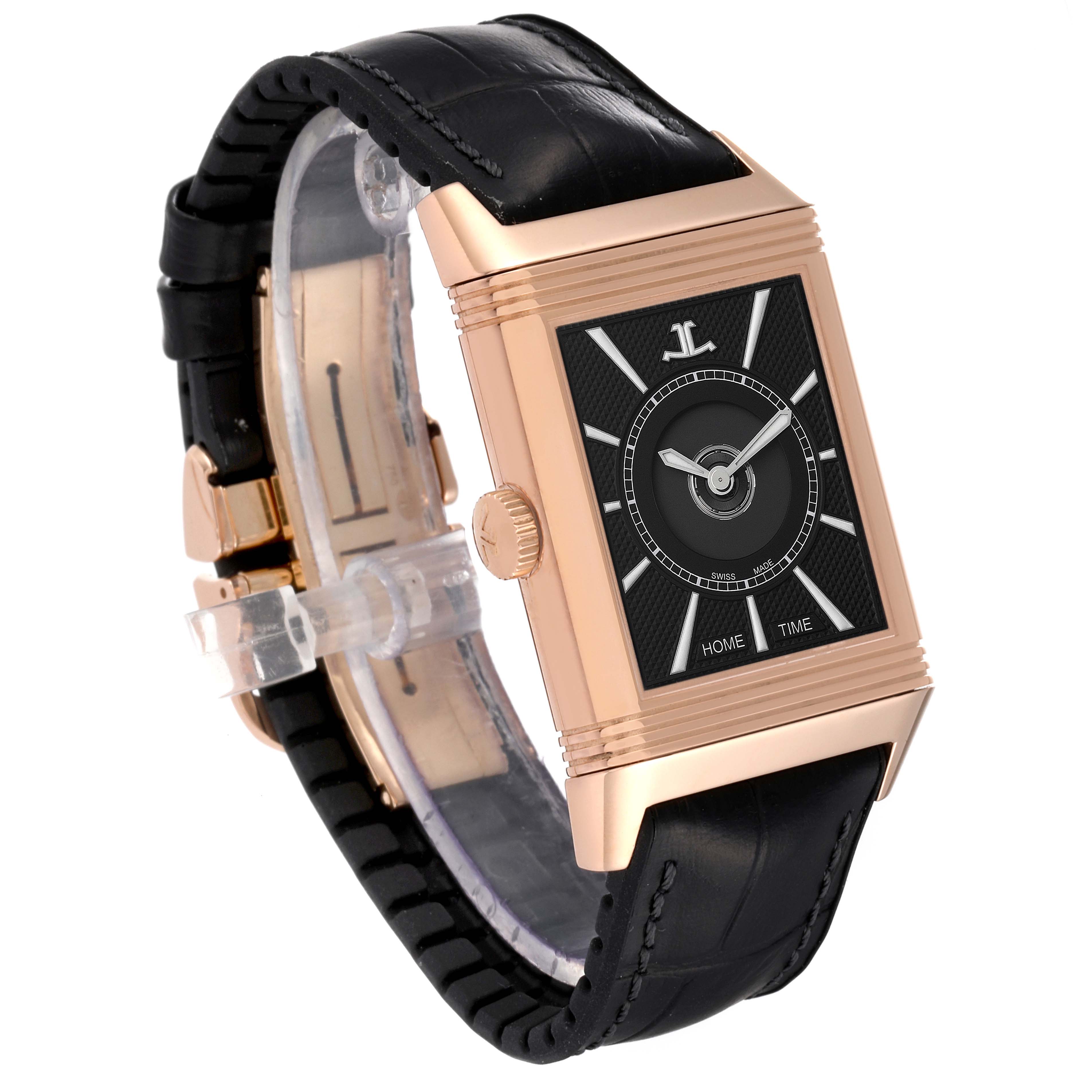 This image shows the Jaeger-LeCoultre Reverso watch at a slight angled front view displaying the watch face and leather strap.