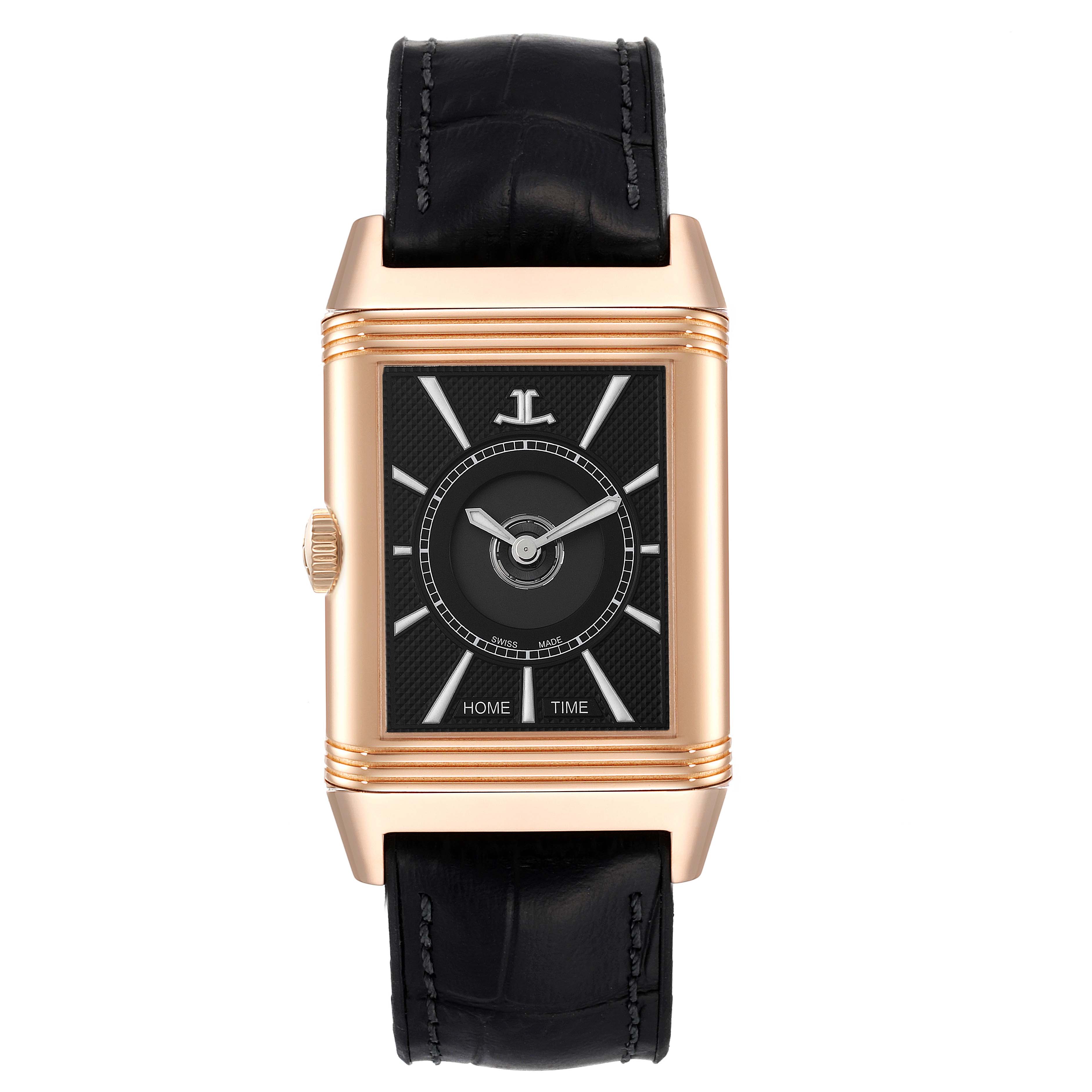 This image shows the front view of a Jaeger-LeCoultre Reverso watch, highlighting its rectangular case and leather strap.