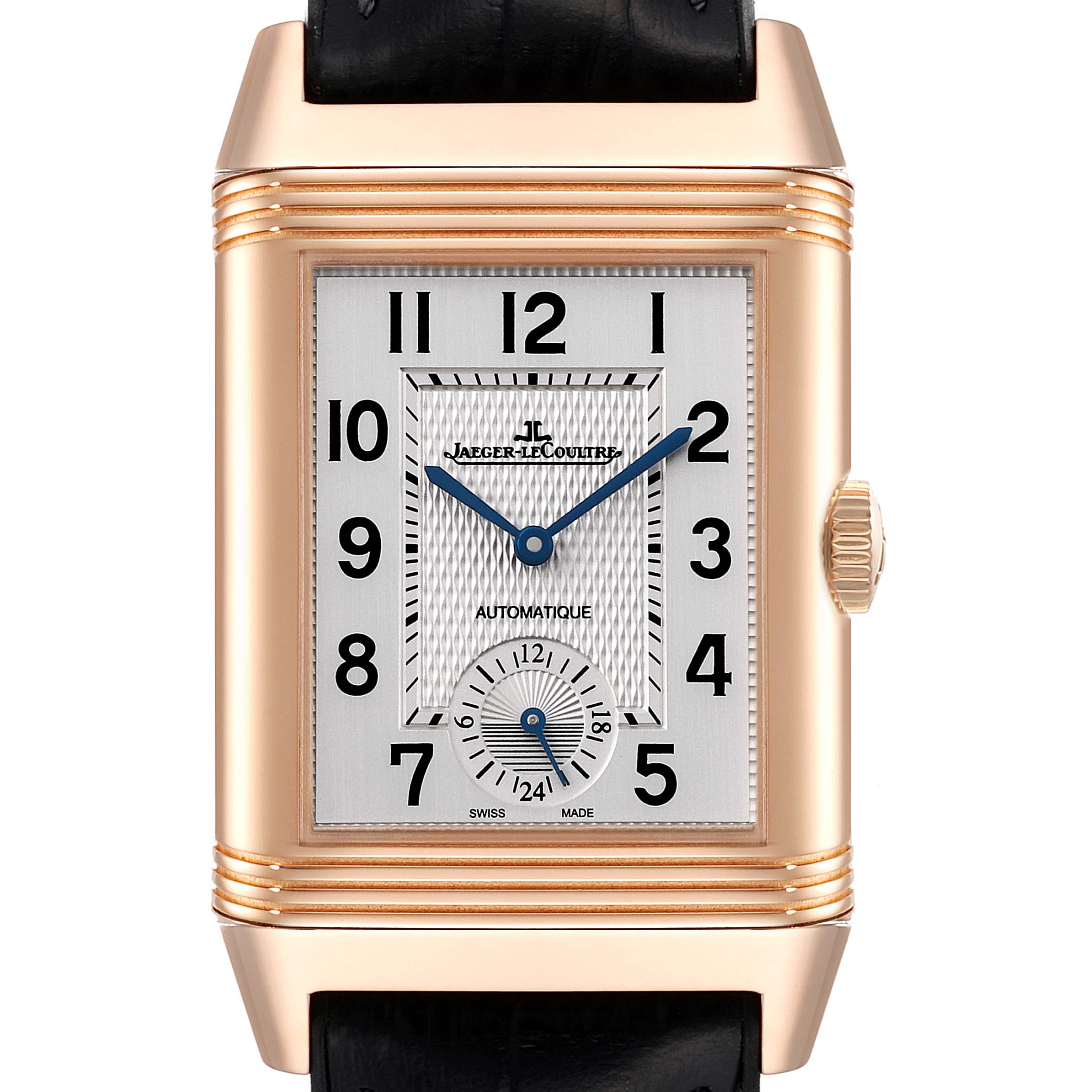 The image shows a frontal view of the Jaeger-LeCoultre Reverso watch highlighting its rectangular dial and crown.