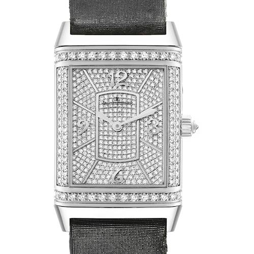 This is a front view of the Jaeger-LeCoultre Reverso watch, showcasing its diamond-studded face and leather strap.