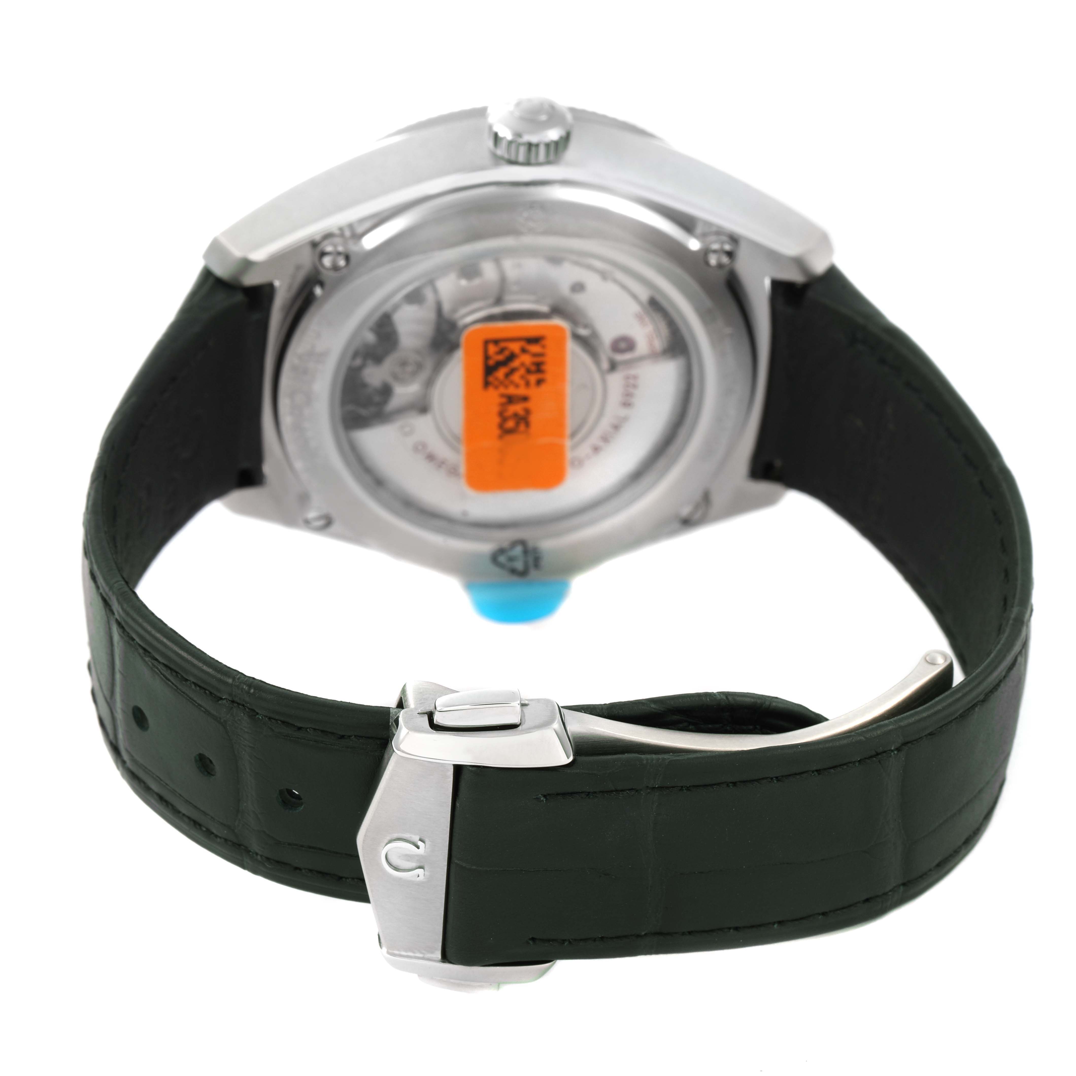 The Omega Constellation 130.33.41.22.10.001 Men's Stainless Steel Green Dial watch is shown from the back, displaying the case back, movement, and clasp on the leather strap.