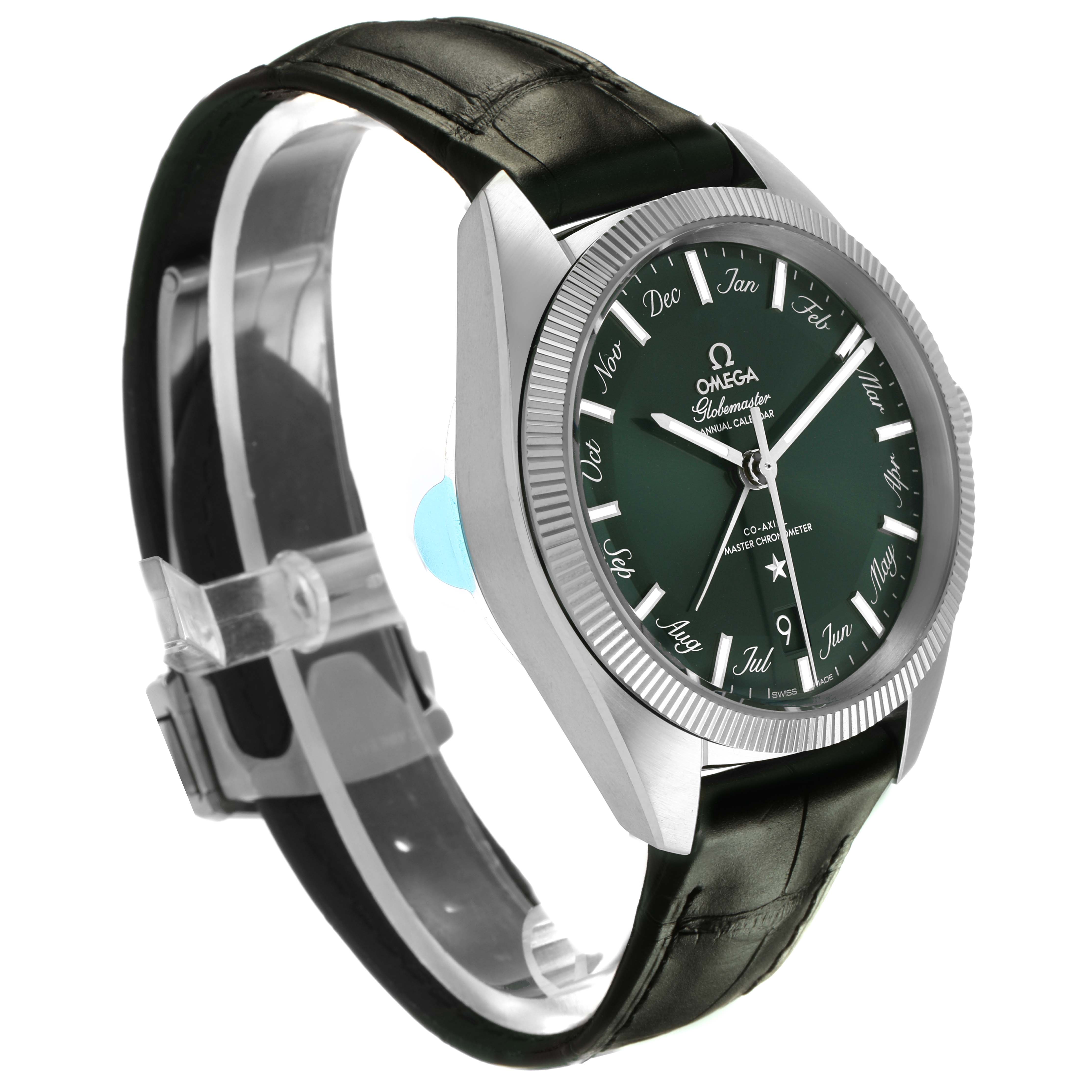 The Omega Constellation 130.33.41.22.10.001 Men's Stainless Steel Green Dial watch is shown from a side angle, highlighting its dial, case, and leather strap.