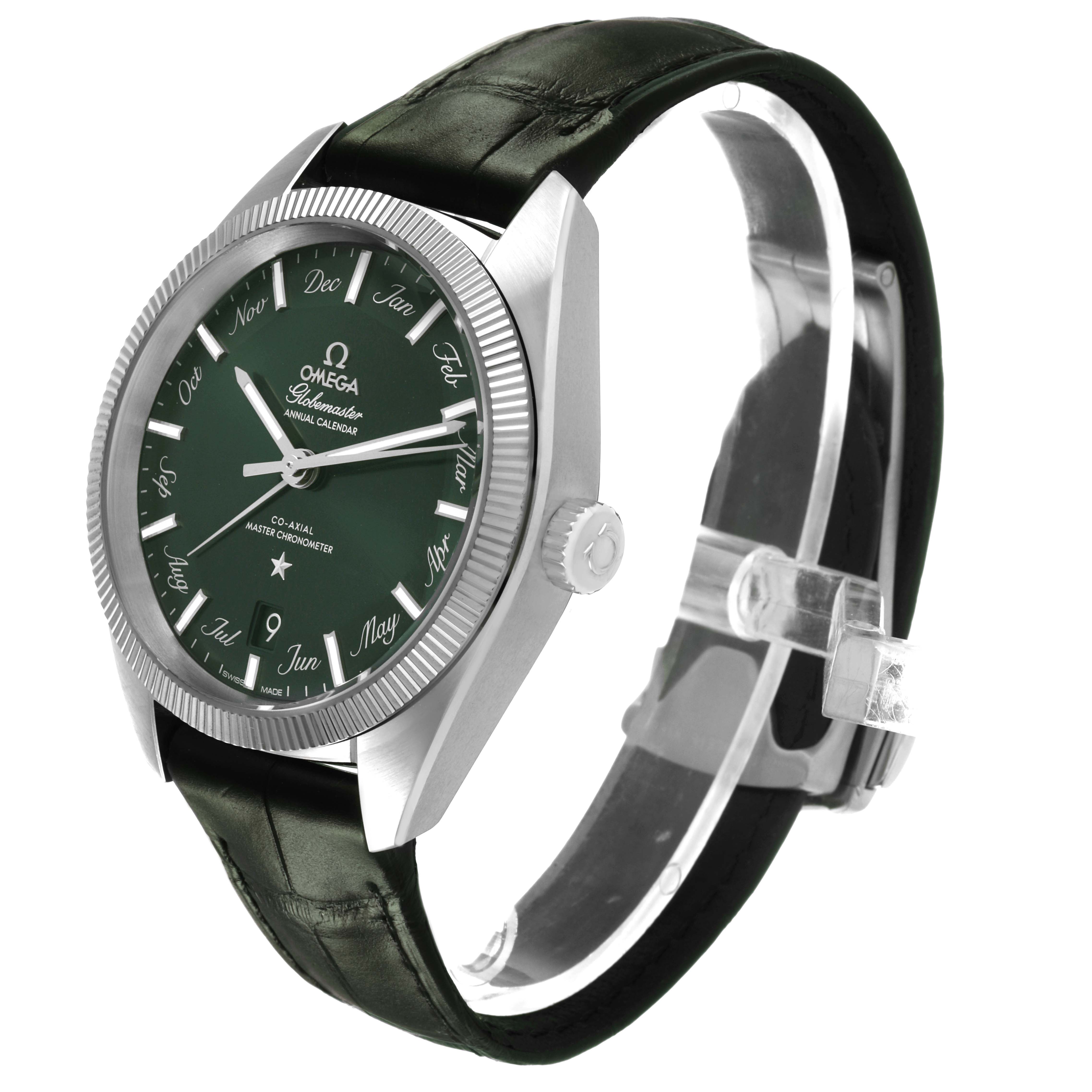 The Omega Constellation 130.33.41.22.10.001 Men's Stainless Steel Green Dial watch is shown from a three-quarter angle, highlighting the green dial, bezel, crown, and leather strap.
