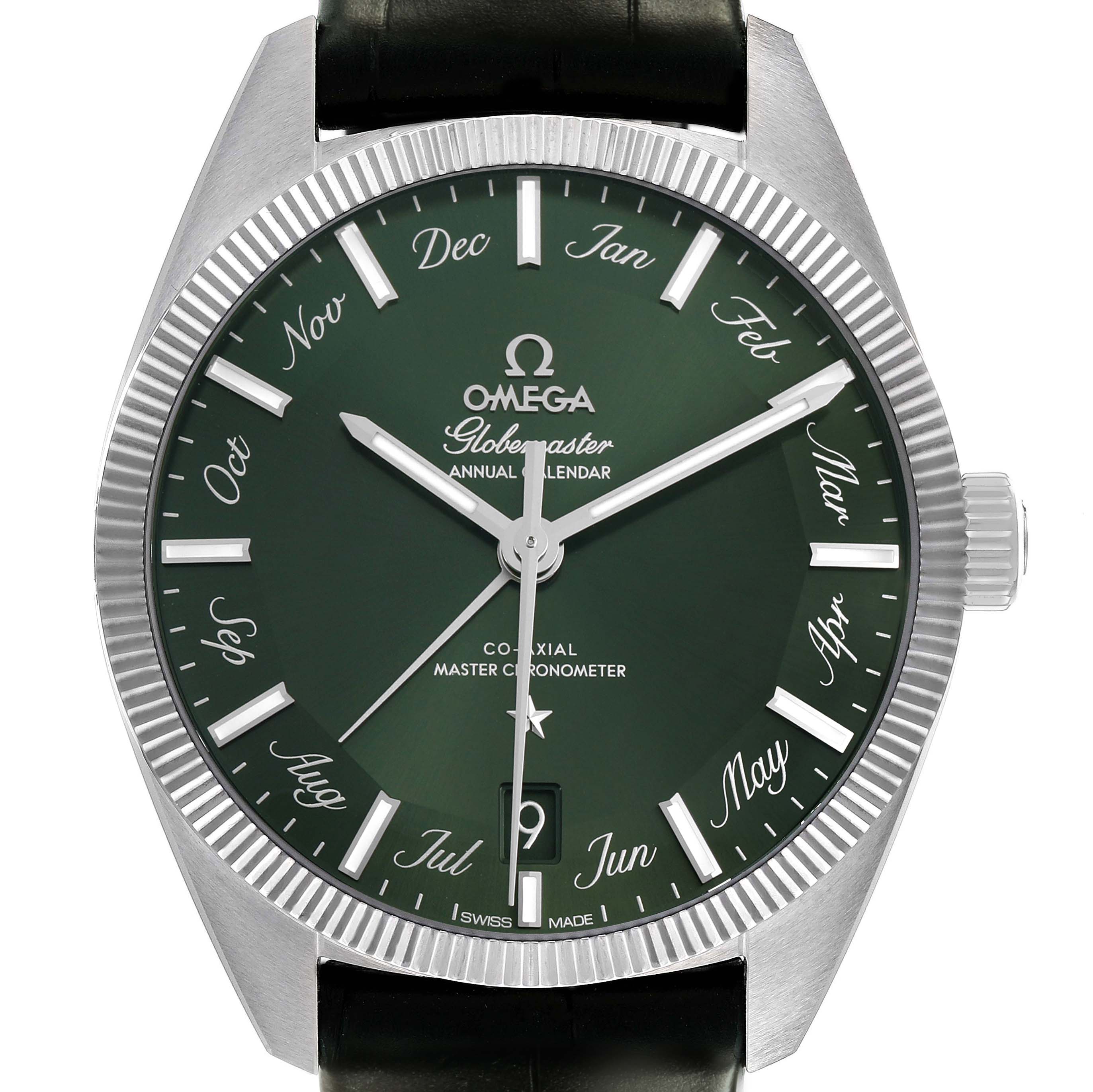 The image shows a front view of the Omega Constellation 130.33.41.22.10.001 Men's Stainless Steel Green Dial Globemaster watch, displaying its green dial and bezel details.