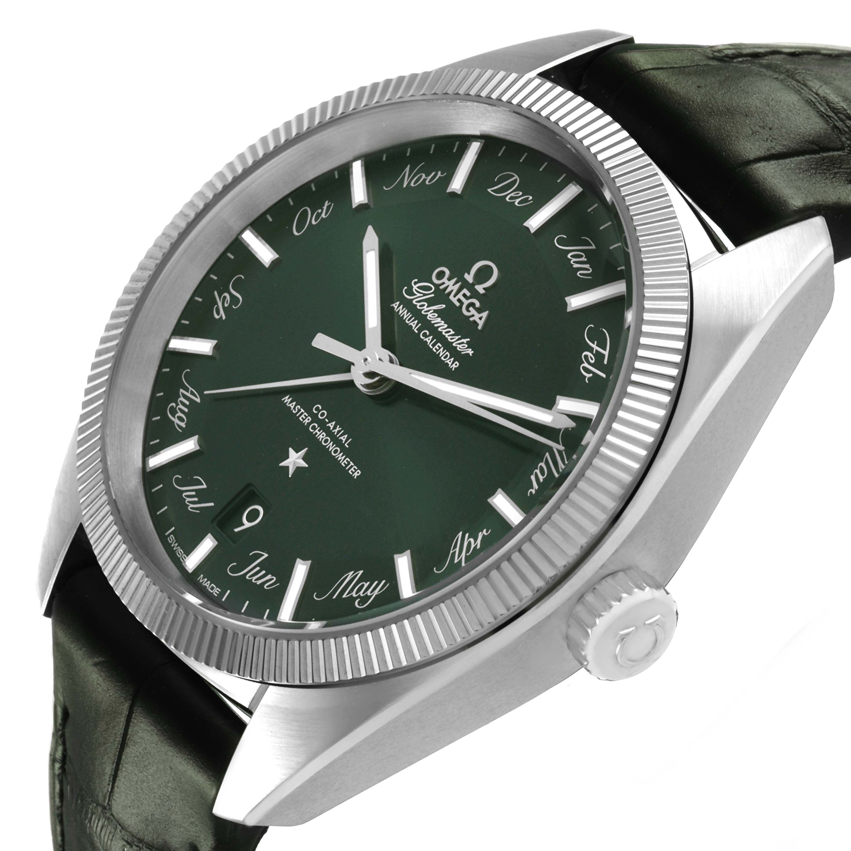 The Omega Constellation 130.33.41.22.10.001 Men's Stainless Steel Green Dial watch is shown at a three-quarter angle, displaying the green dial, bezel, crown, and strap.