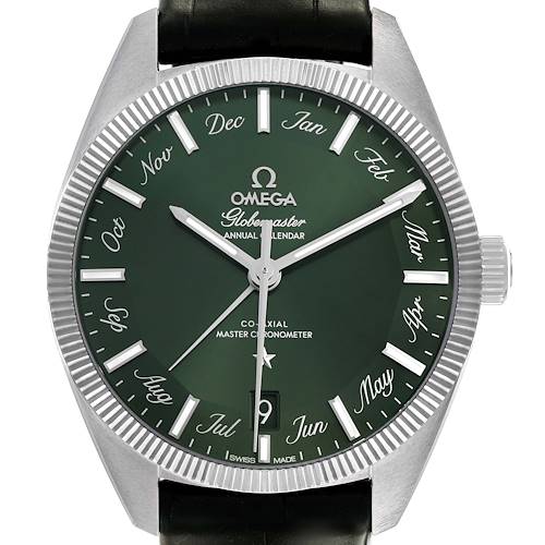 The image shows a frontal view of the Omega Constellation 130.33.41.22.10.001 Men's Stainless Steel Green Dial Globemaster, highlighting its green dial, calendar, bezel, and crown.