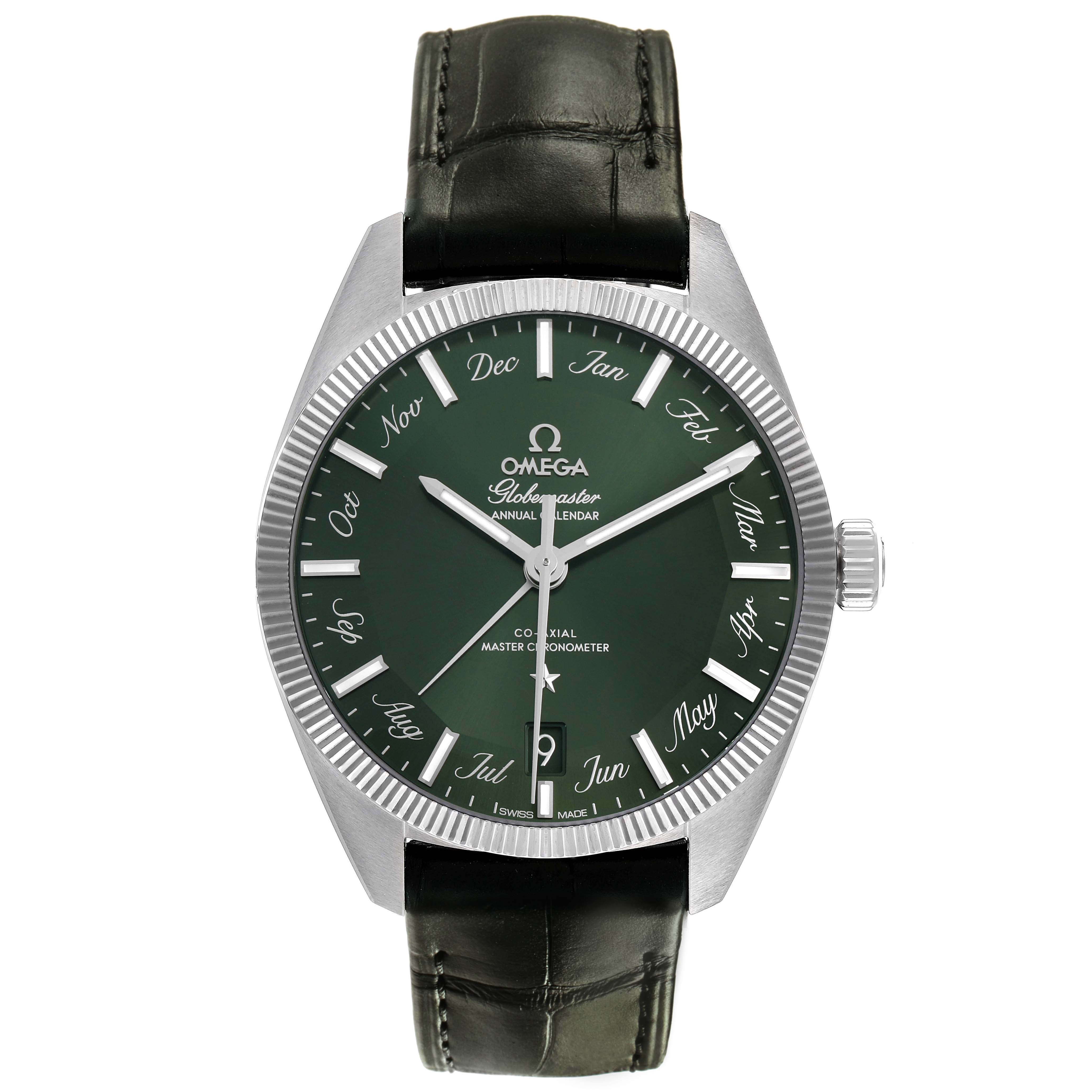 The Omega Constellation 130.33.41.22.10.001 Men's Stainless Steel Green Dial watch is shown from the front, highlighting its green dial, calendar, and leather strap.