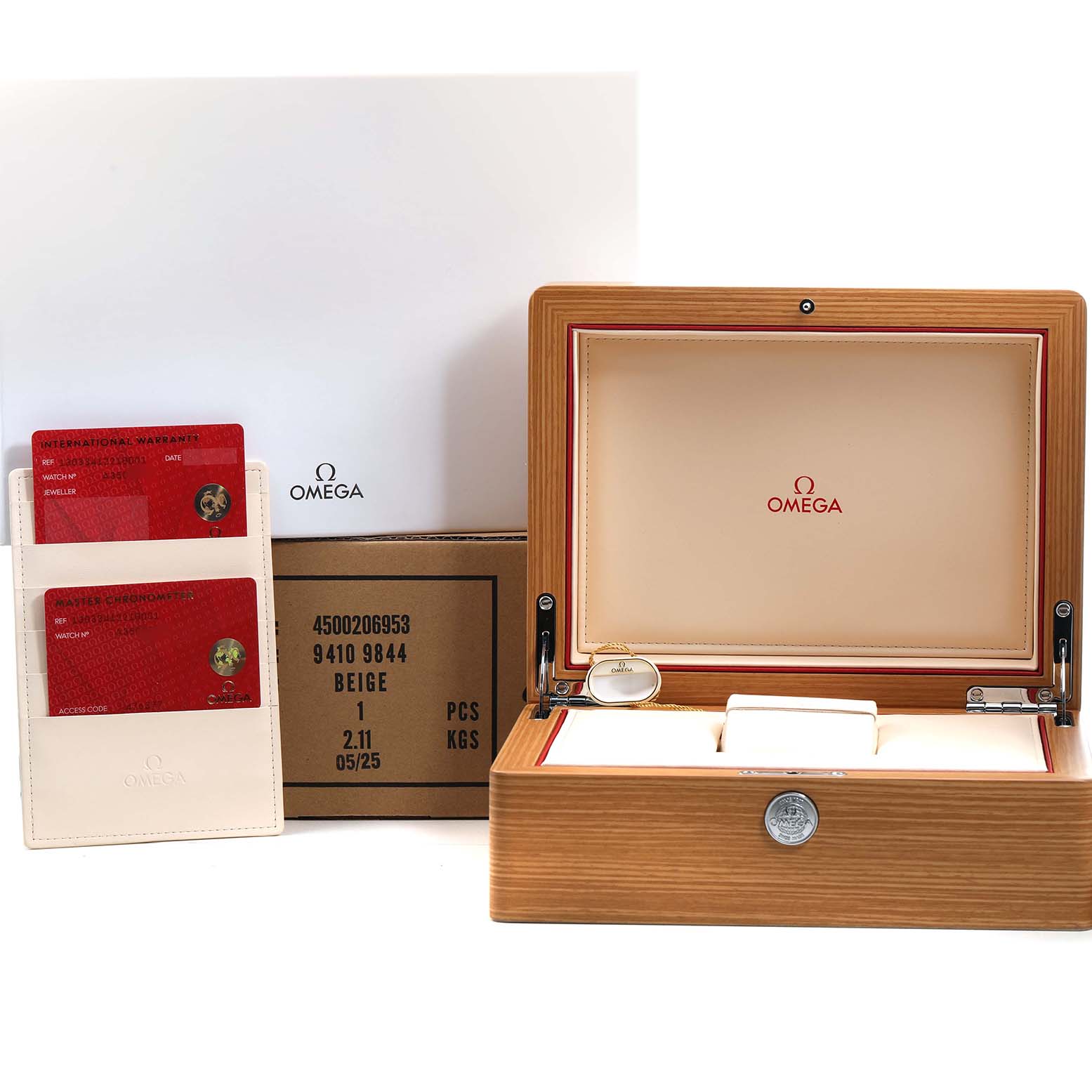 The image shows the Omega Constellation 130.33.41.22.10.001 Men's Stainless Steel Green Dial watch box, warranty cards, and packaging from the front angle.