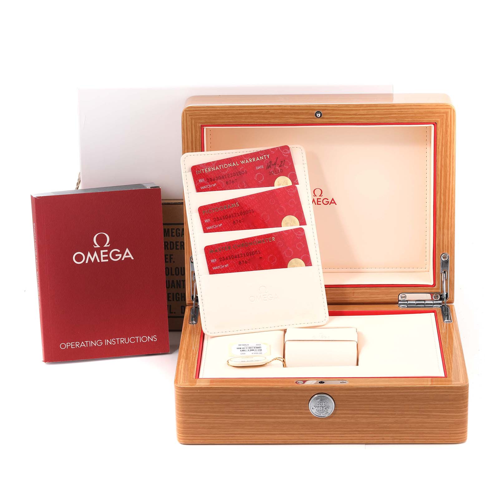 The image shows an Omega Seamaster 234.30.41.21.01.001 Men
s Stainless Steel Black Dial 234.30.41.21.01.001 Men
s Stainless Steel Black Dial watch box, warranty cards, and operating instructions viewed from the front.