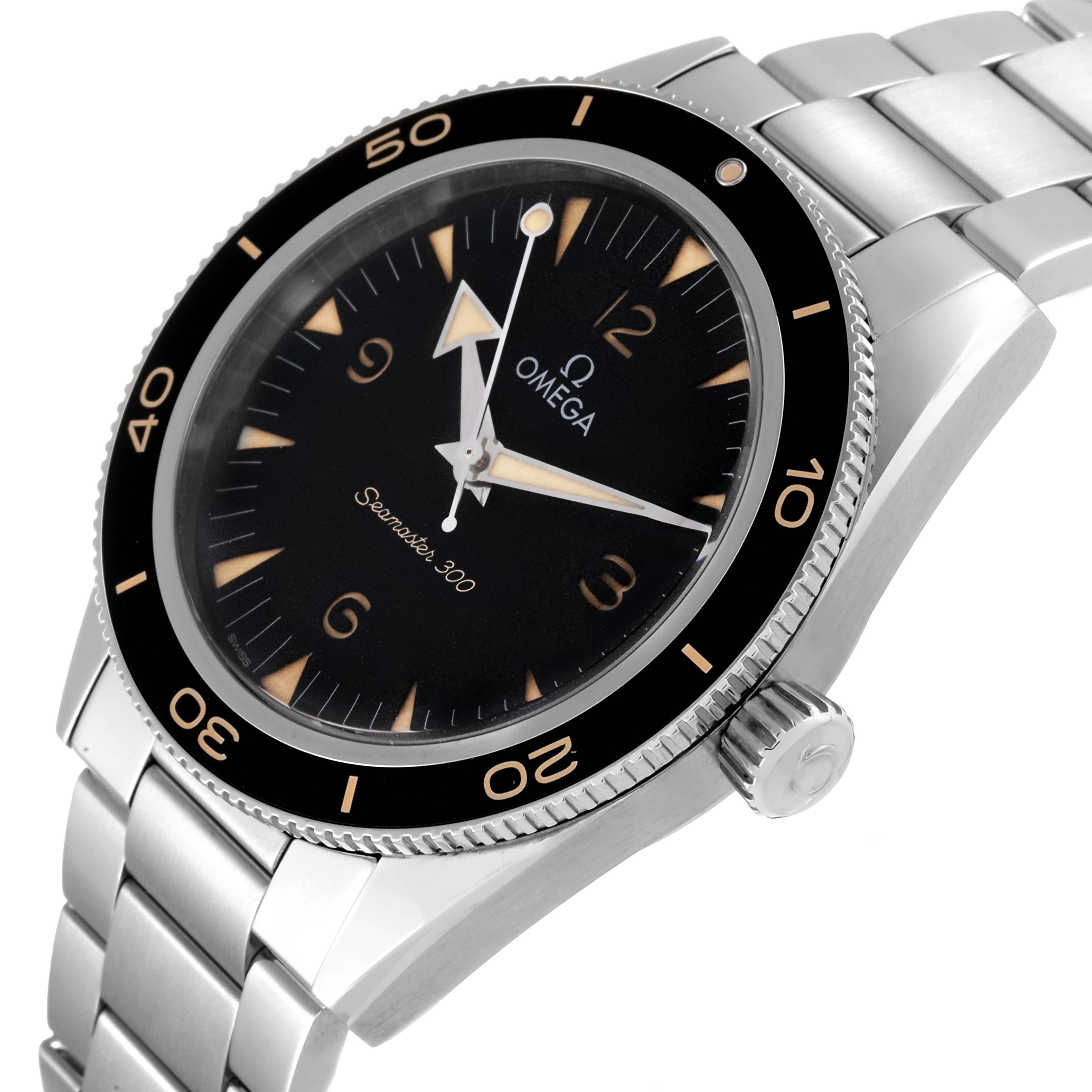 The image shows a close-up angled view of the Omega Seamaster 234.30.41.21.01.001 Men
s Stainless Steel Black Dial 234.30.41.21.01.001 Men
s Stainless Steel Black Dial 300 watch, including the bezel, dial, crown, and part of the bracelet.