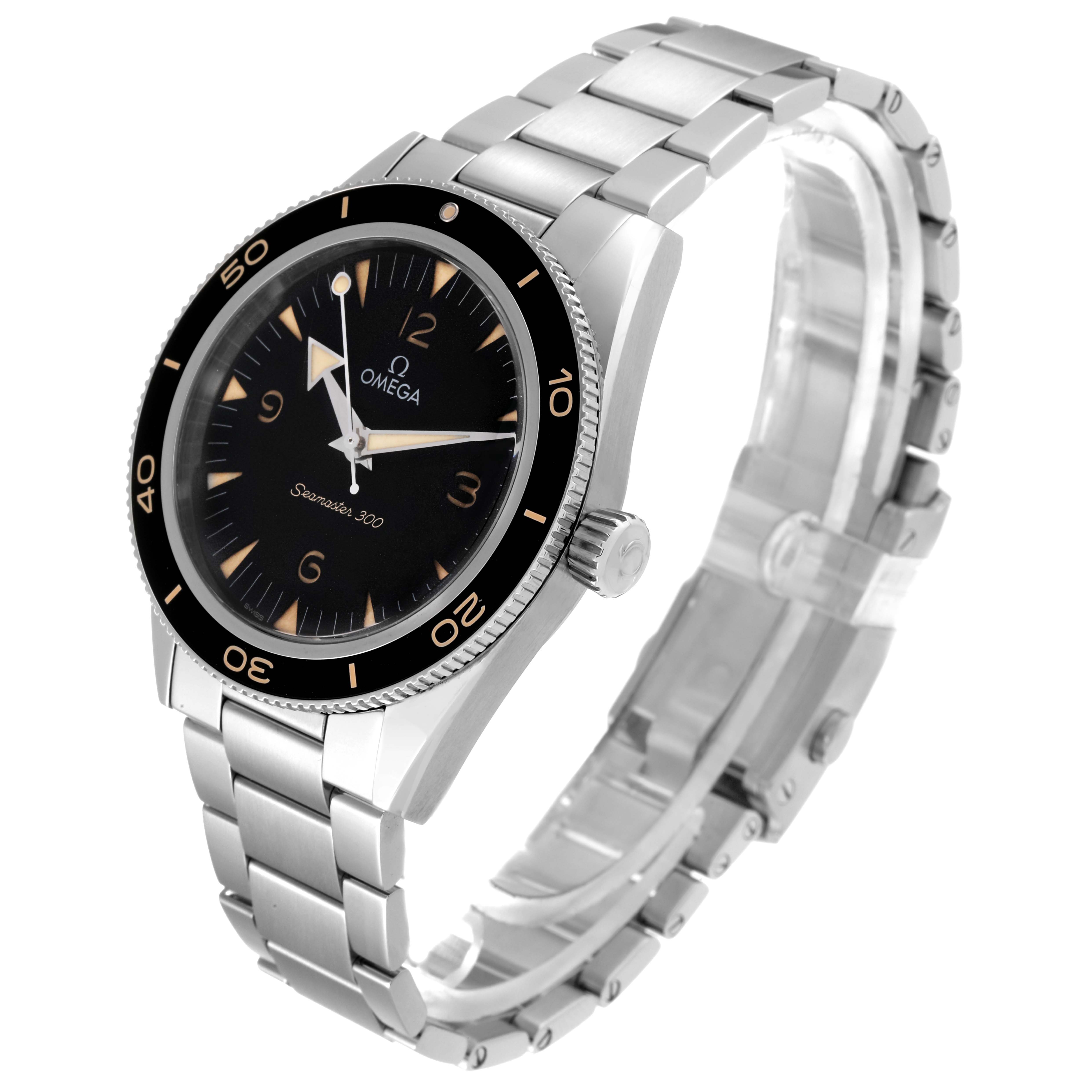 The Omega Seamaster 234.30.41.21.01.001 Men
s Stainless Steel Black Dial 234.30.41.21.01.001 Men
s Stainless Steel Black Dial 300 watch is shown at a three-quarter angle, highlighting the face, bezel, crown, and metal bracelet.