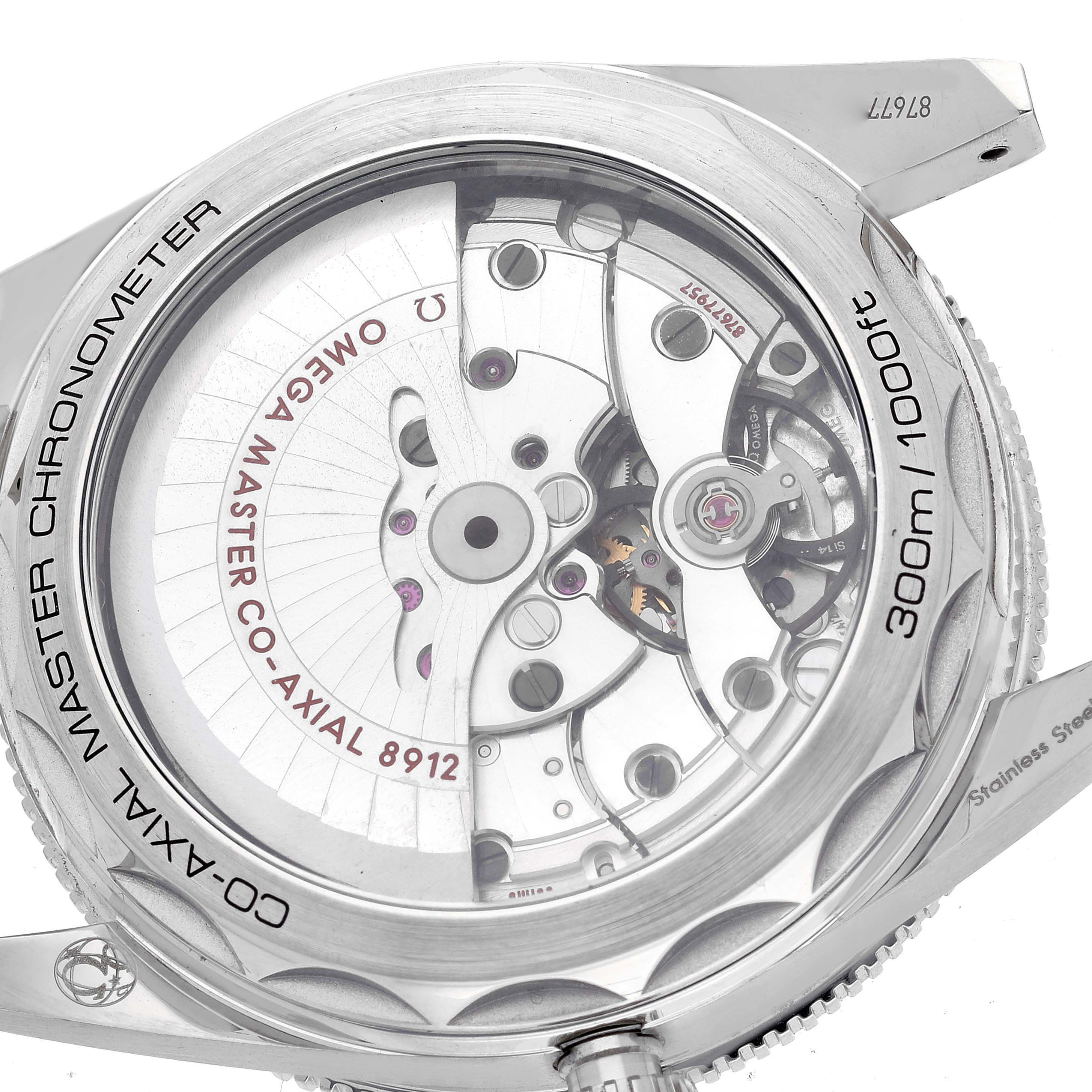 The image shows the back of an Omega Seamaster 234.30.41.21.01.001 Men
s Stainless Steel Black Dial 234.30.41.21.01.001 Men
s Stainless Steel Black Dial watch, displaying the inner Co-Axial Master Chronometer movement (model 8912).