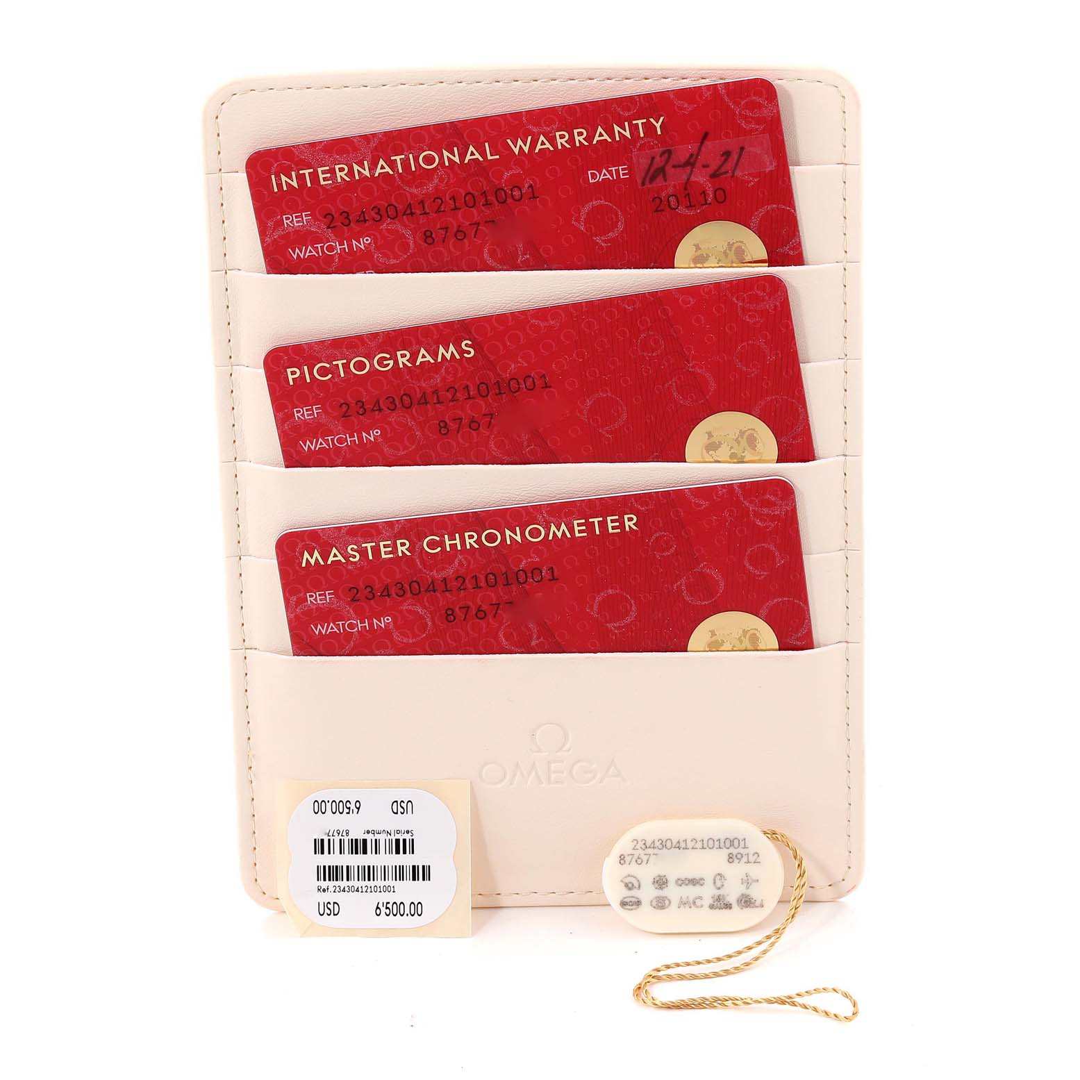 The image shows warranty and certification cards for an Omega Seamaster 234.30.41.21.01.001 Men
s Stainless Steel Black Dial 234.30.41.21.01.001 Men
s Stainless Steel Black Dial, displayed in a beige cardholder.