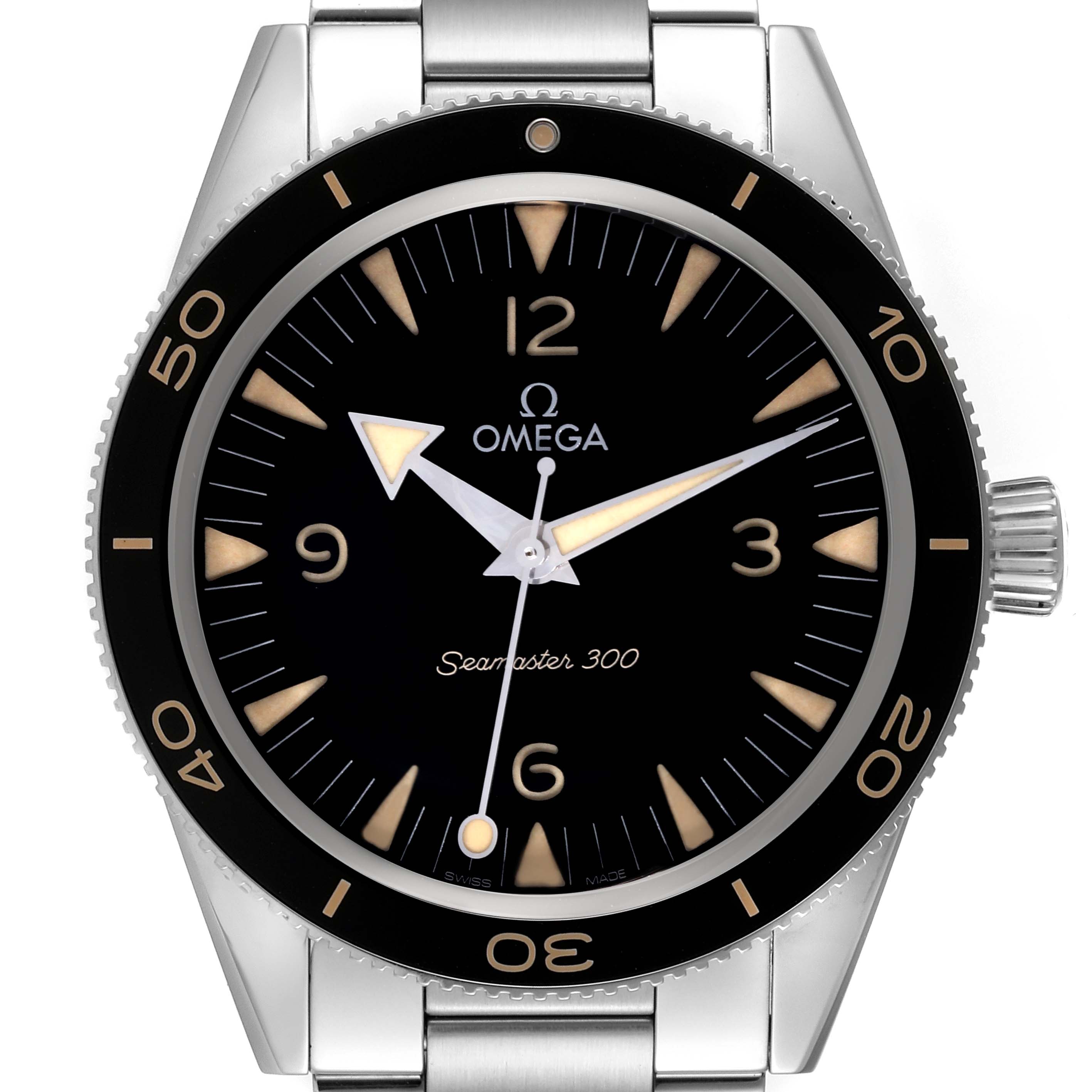 The image shows a front view of the Omega Seamaster 234.30.41.21.01.001 Men
s Stainless Steel Black Dial 234.30.41.21.01.001 Men
s Stainless Steel Black Dial 300 watch, displaying its black dial, markers, and stainless steel bracelet.
