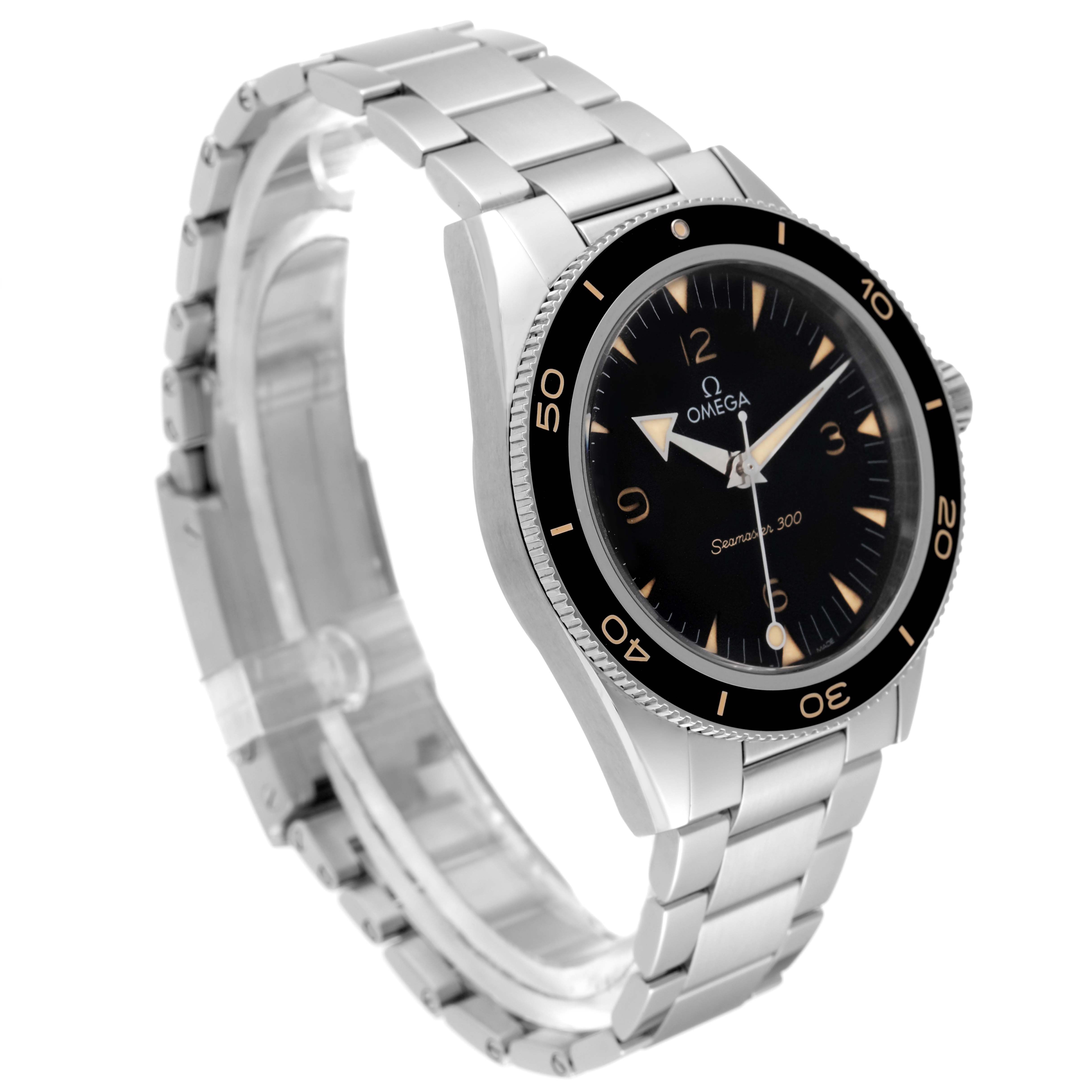 The Omega Seamaster 234.30.41.21.01.001 Men
s Stainless Steel Black Dial 234.30.41.21.01.001 Men
s Stainless Steel Black Dial watch is shown at a 3/4 angle highlighting its face, bezel, and metal bracelet.