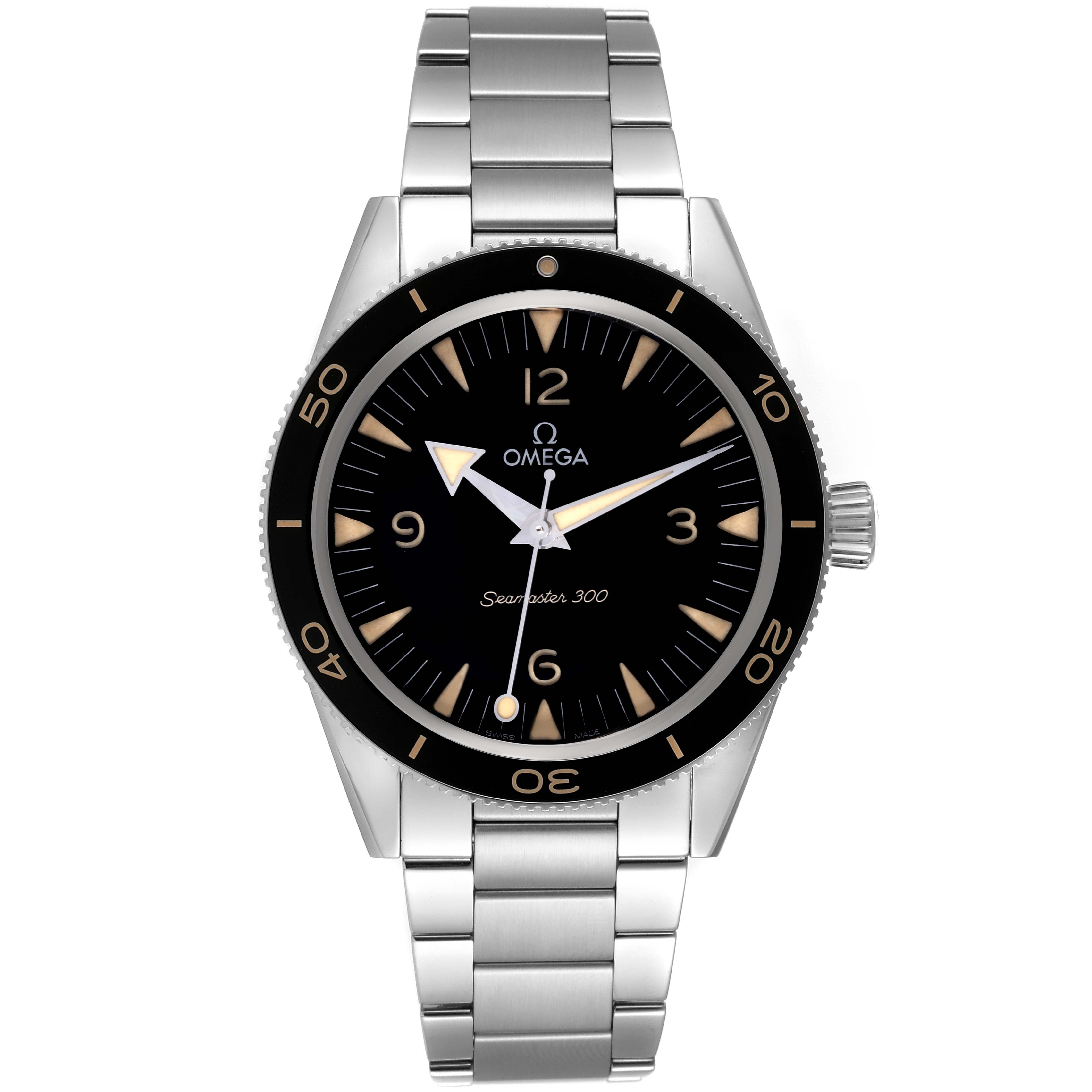 The image shows a front view of an Omega Seamaster 234.30.41.21.01.001 Men
s Stainless Steel Black Dial 234.30.41.21.01.001 Men
s Stainless Steel Black Dial 300 watch, highlighting its black dial, bezel, and stainless steel bracelet.